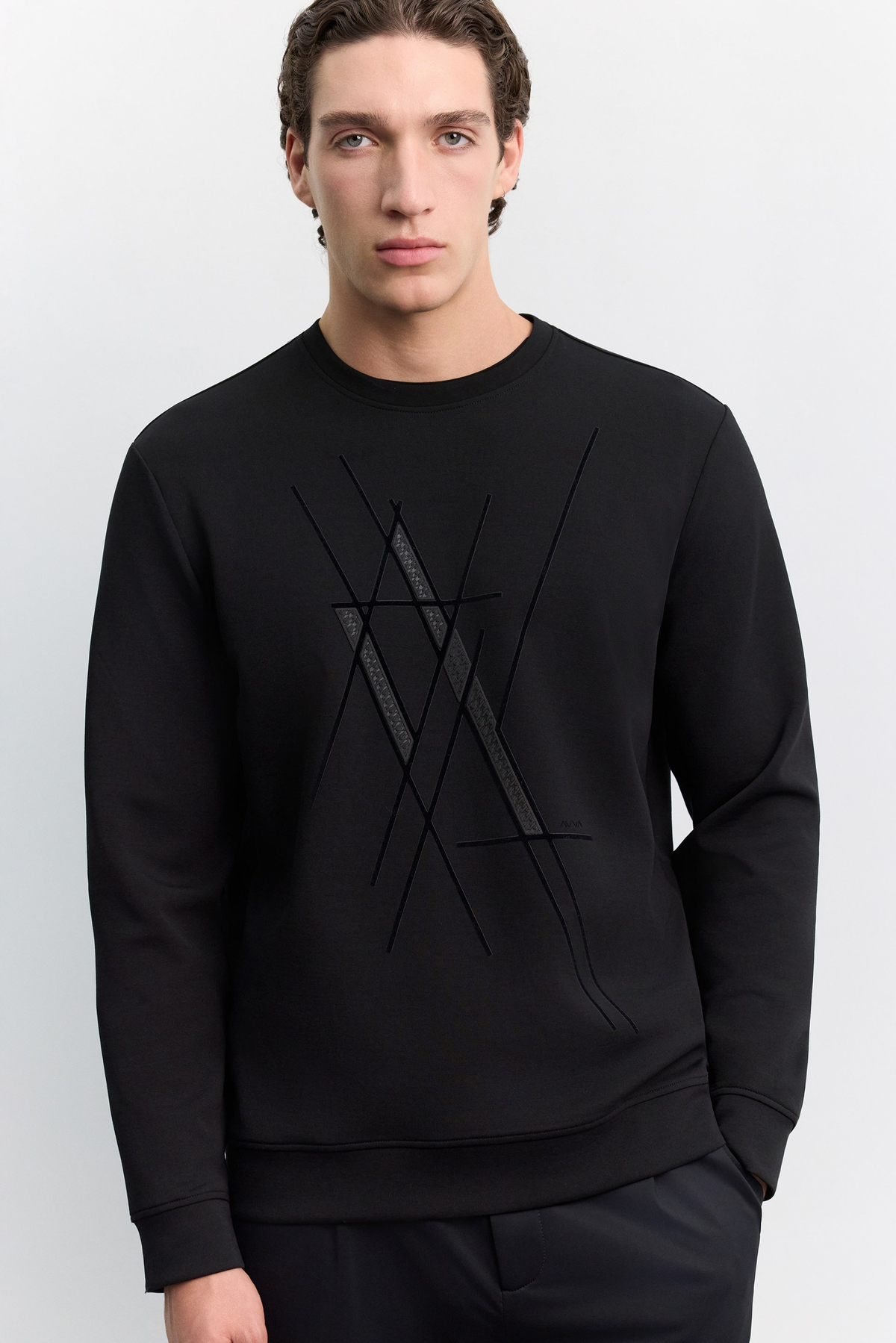 Siyah Bisiklet Yaka Kolay Ütülenen Baskılı İnterlok Sweatshirt