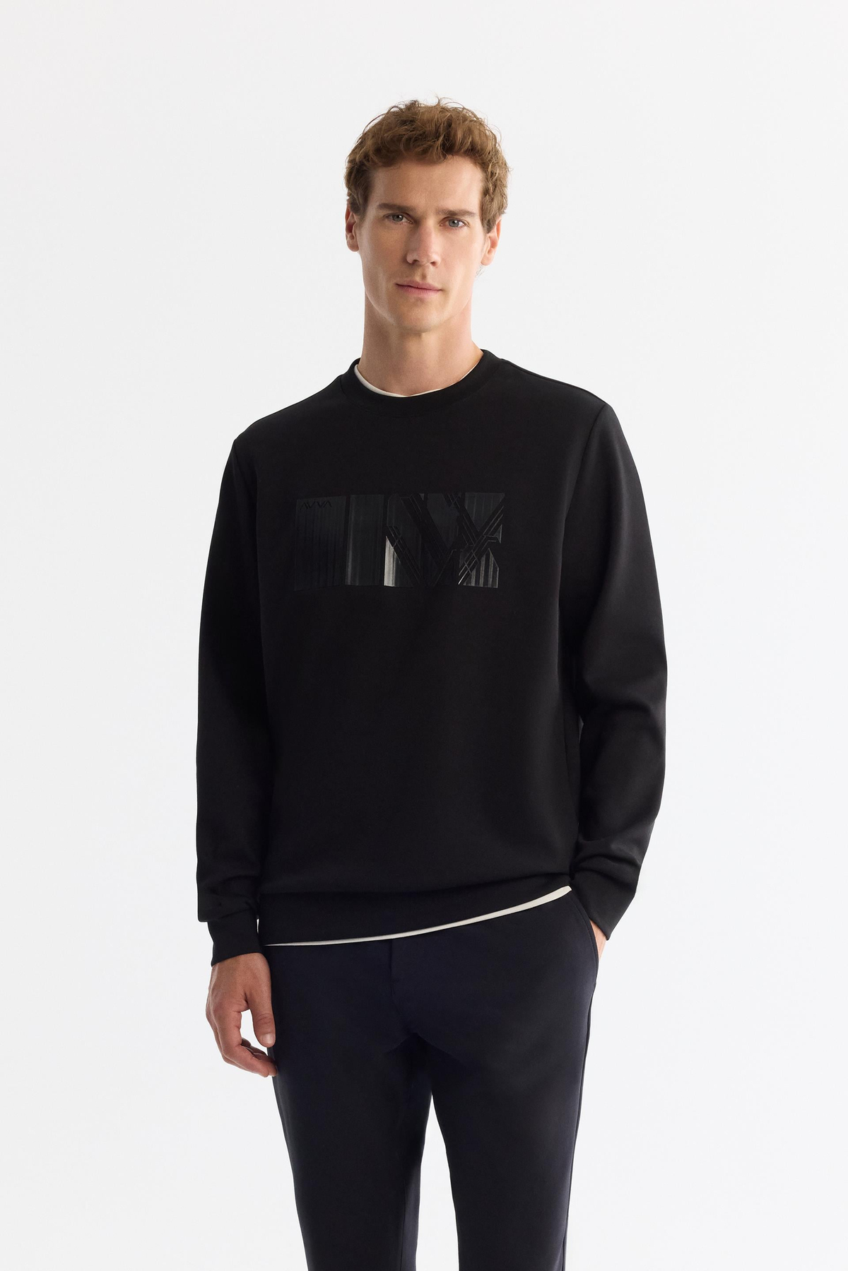 Siyah Bisiklet Yaka Pamuklu Baskılı Elastan Sweatshirt