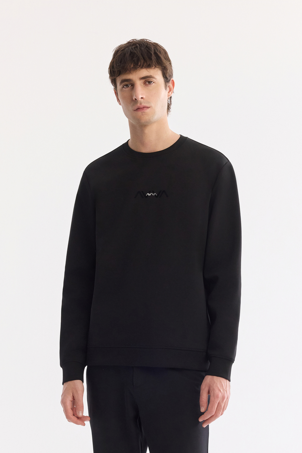 Siyah Bisiklet Yaka Pamuklu Kolay Ütülenen Sweatshirt