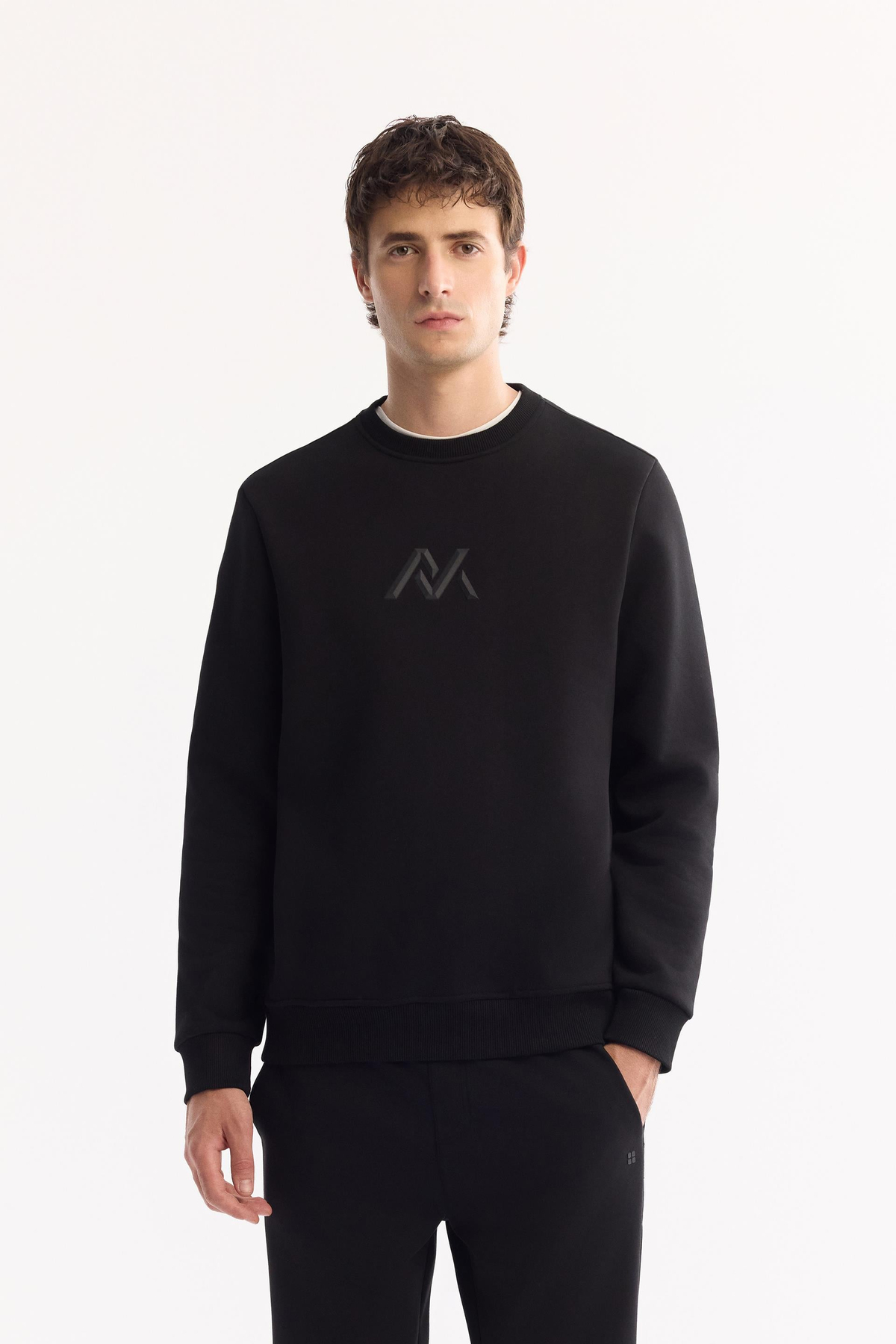Siyah Bisiklet Yaka Piramit Baskılı 3 İplik Şardonlu Sweatshirt