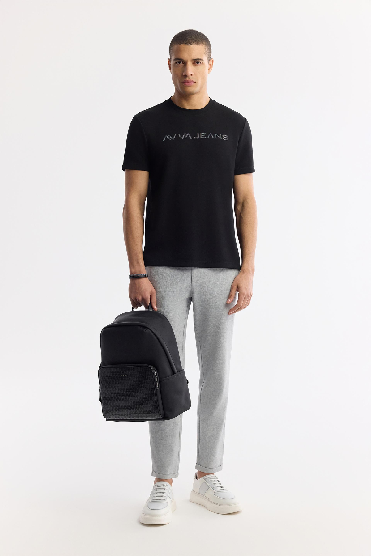 Siyah Bisiklet Yaka Reflektör Baskılı İnterlok T-Shirt