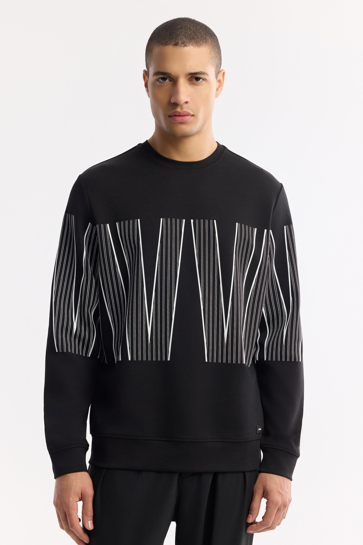 Siyah Bisiklet Yaka Silikon Transfer Baskılı İnterlok Sweatshirt