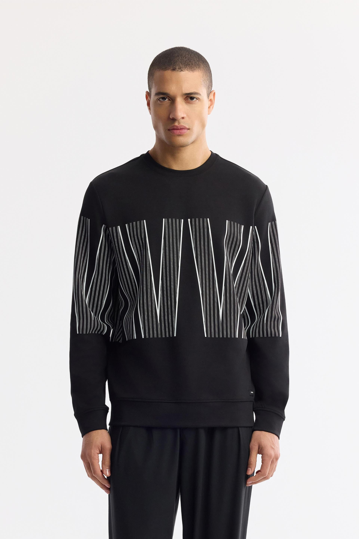 Siyah Bisiklet Yaka Silikon Transfer Baskılı İnterlok Sweatshirt