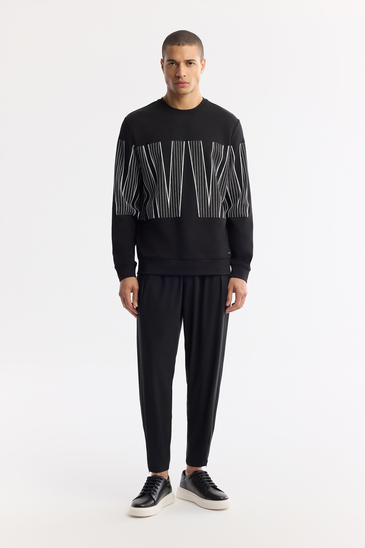 Siyah Bisiklet Yaka Silikon Transfer Baskılı İnterlok Sweatshirt