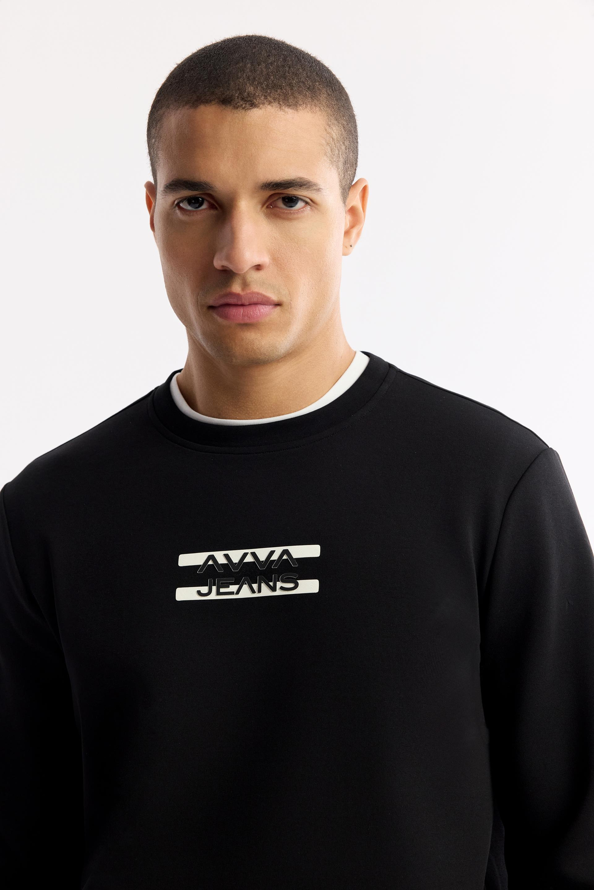 Siyah Bisiklet Yaka Silikon Transfer Baskılı İnterlok Sweatshirt