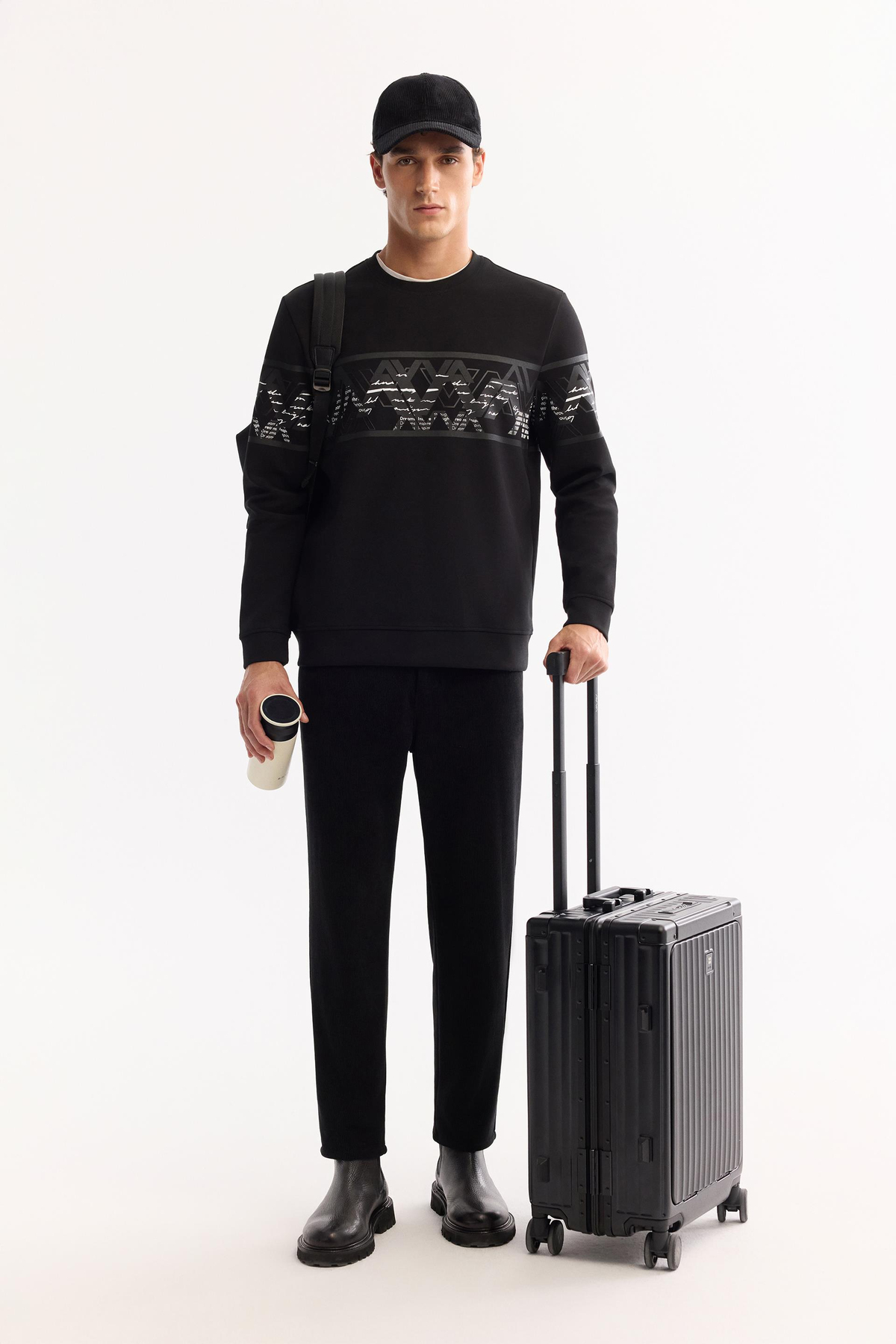 Siyah Bisiklet Yaka Su Bazlı   Baskılı İnterlok Sweatshirt