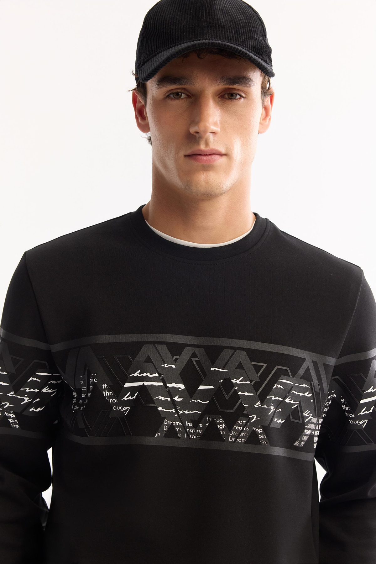 Siyah Bisiklet Yaka Su Bazlı   Baskılı İnterlok Sweatshirt