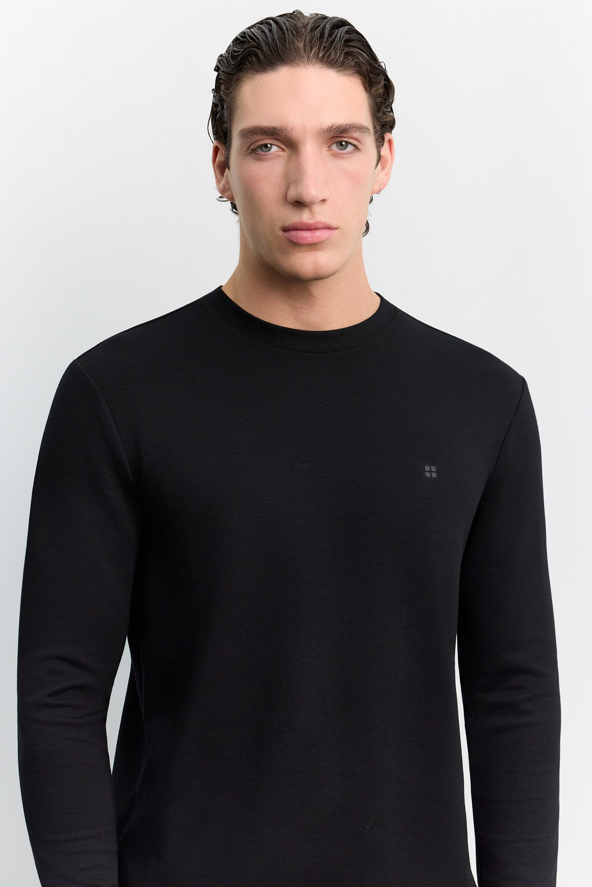 Black Crew Neck Viscose Blend Bi-Stretch Basic Sweatshirt