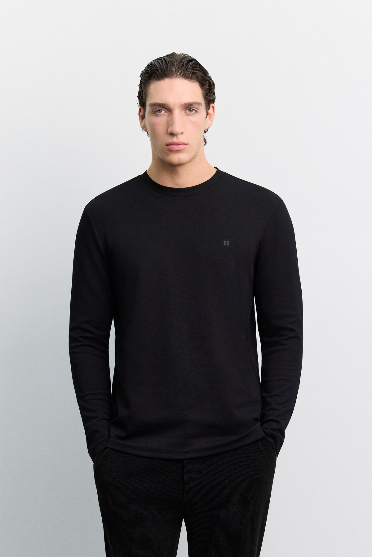 Black Crew Neck Viscose Blend Bi-Stretch Basic Sweatshirt