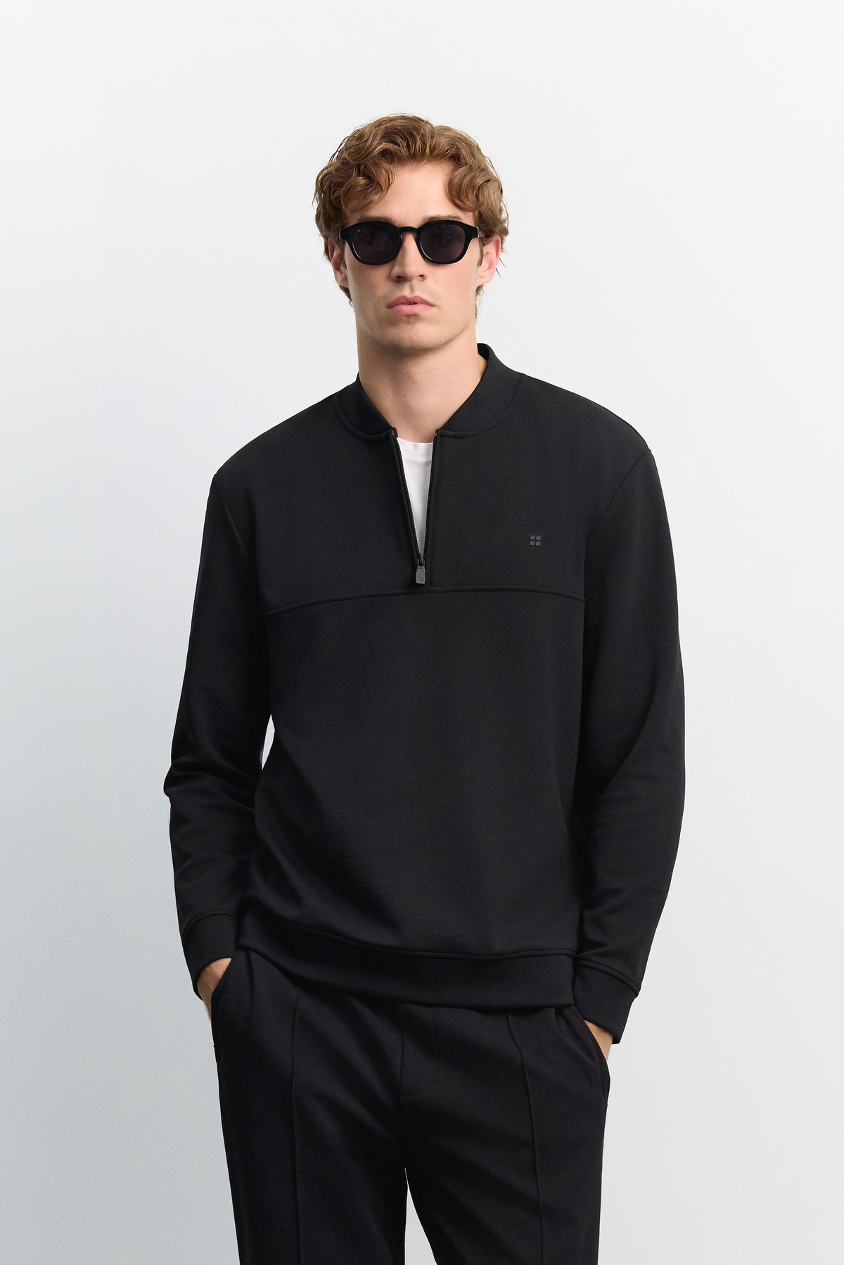 Siyah Bomber Yaka Fermuarlı İnterlok Sweatshirt
