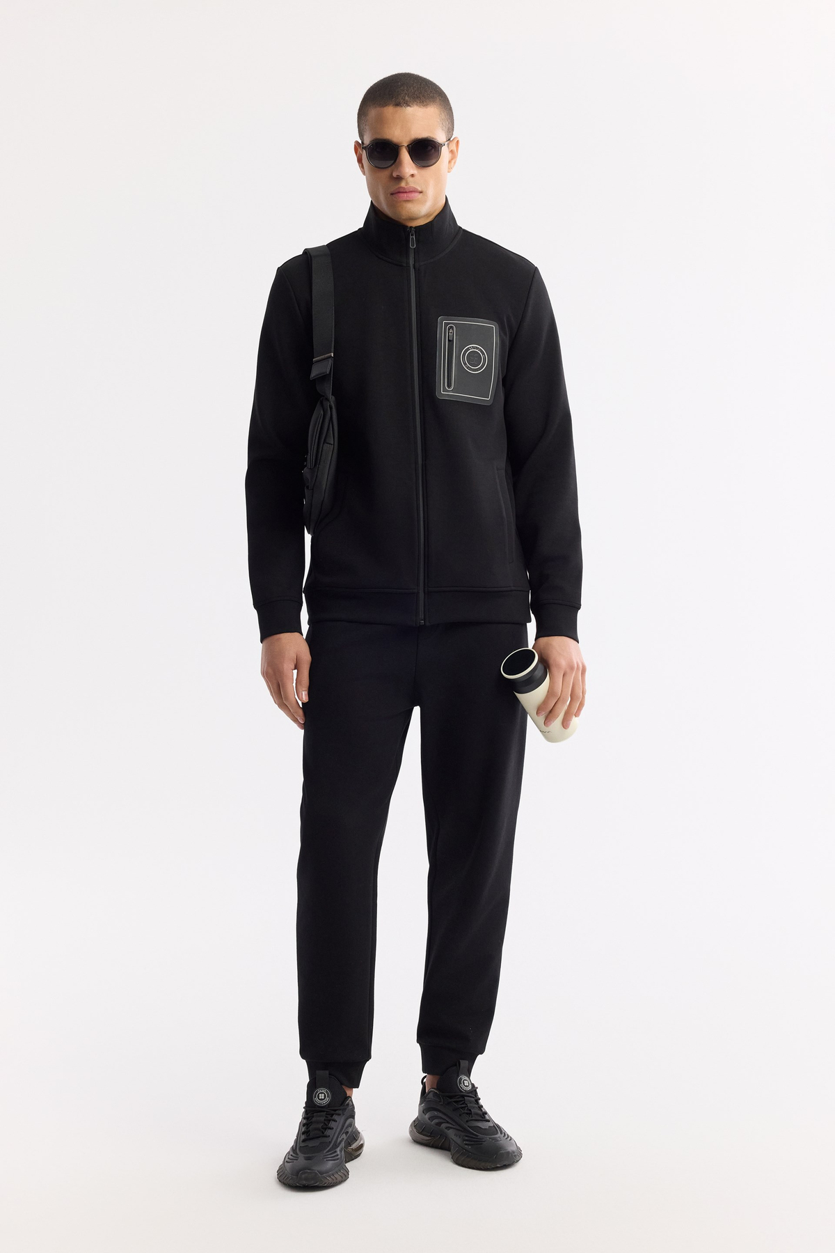 Siyah Dik Yaka Fermuarlı Bi-Stretch İnterlok Sweatshirt