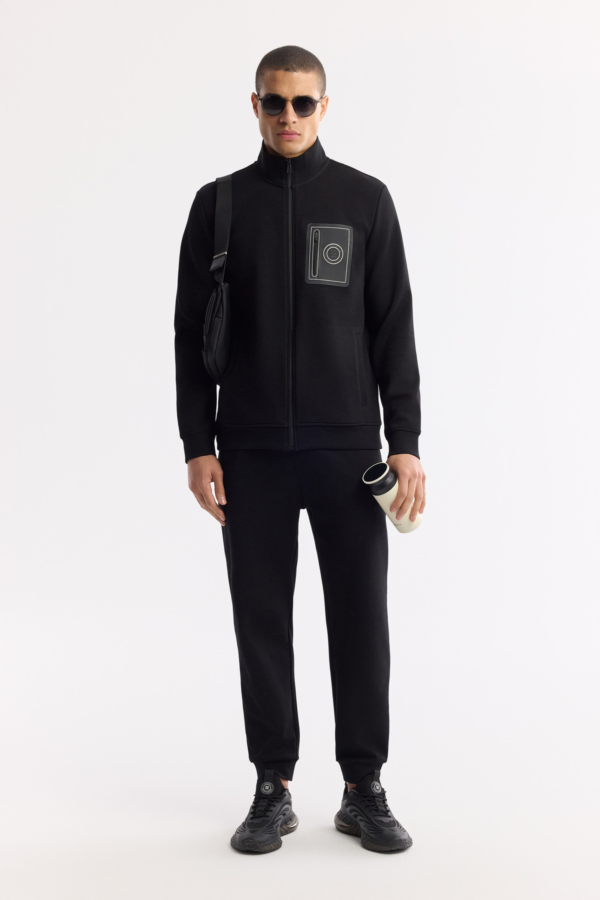 Siyah Dik Yaka Fermuarlı Bi-Stretch İnterlok Sweatshirt