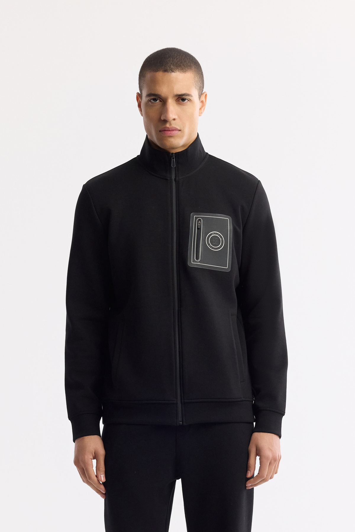 Siyah Dik Yaka Fermuarlı Bi-Stretch İnterlok Sweatshirt