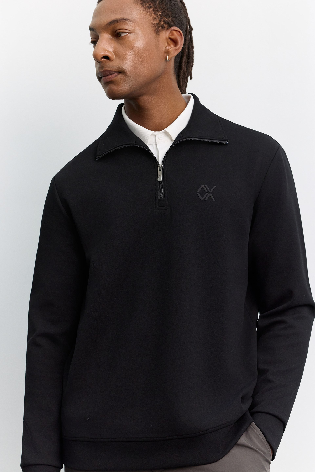Siyah Dik Yaka Fermuarlı Göğüs Baskılı İnterlok  Sweatshirt