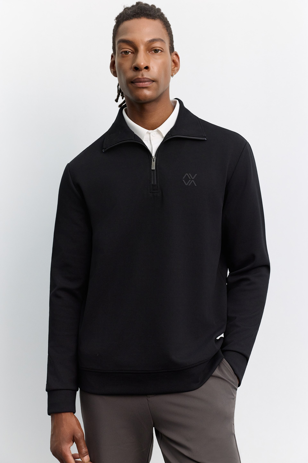 Siyah Dik Yaka Fermuarlı Göğüs Baskılı İnterlok  Sweatshirt
