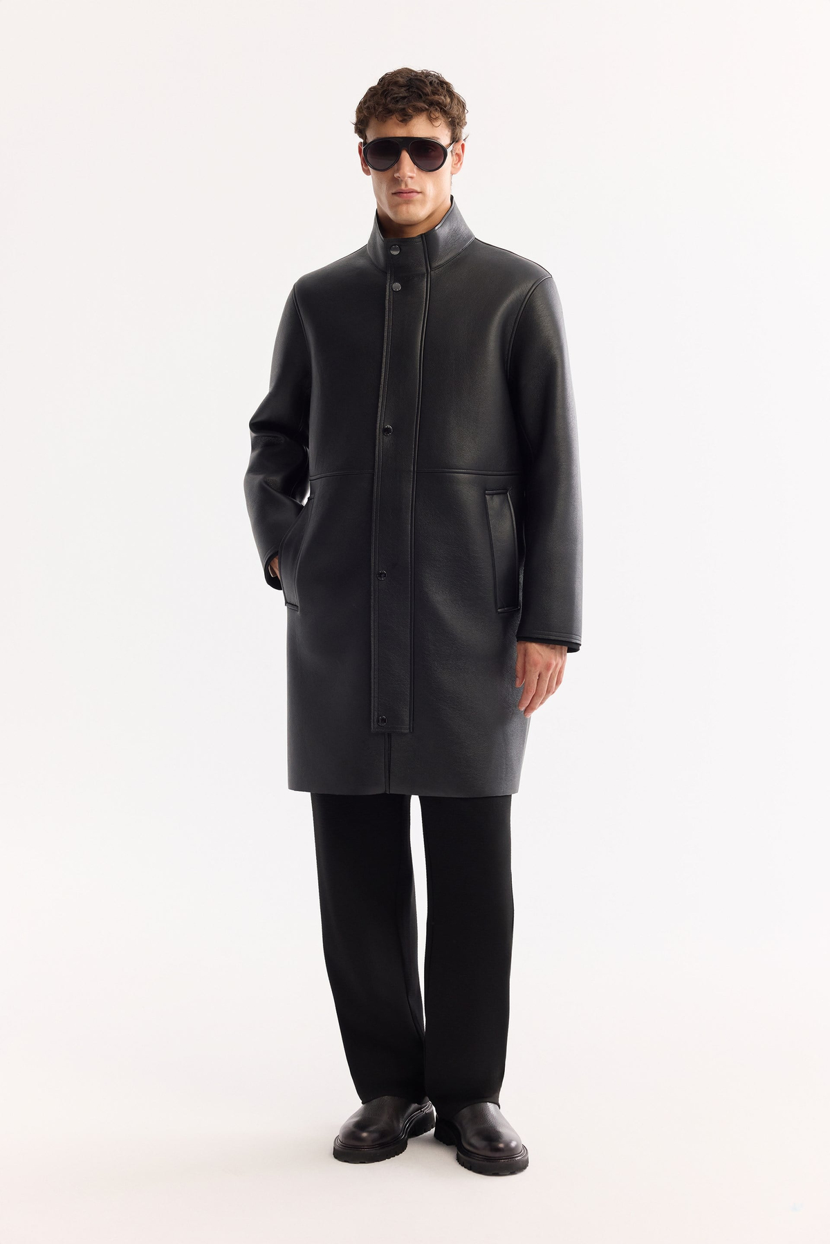 Black Long Windproof Napa Coat with Mock Neck
