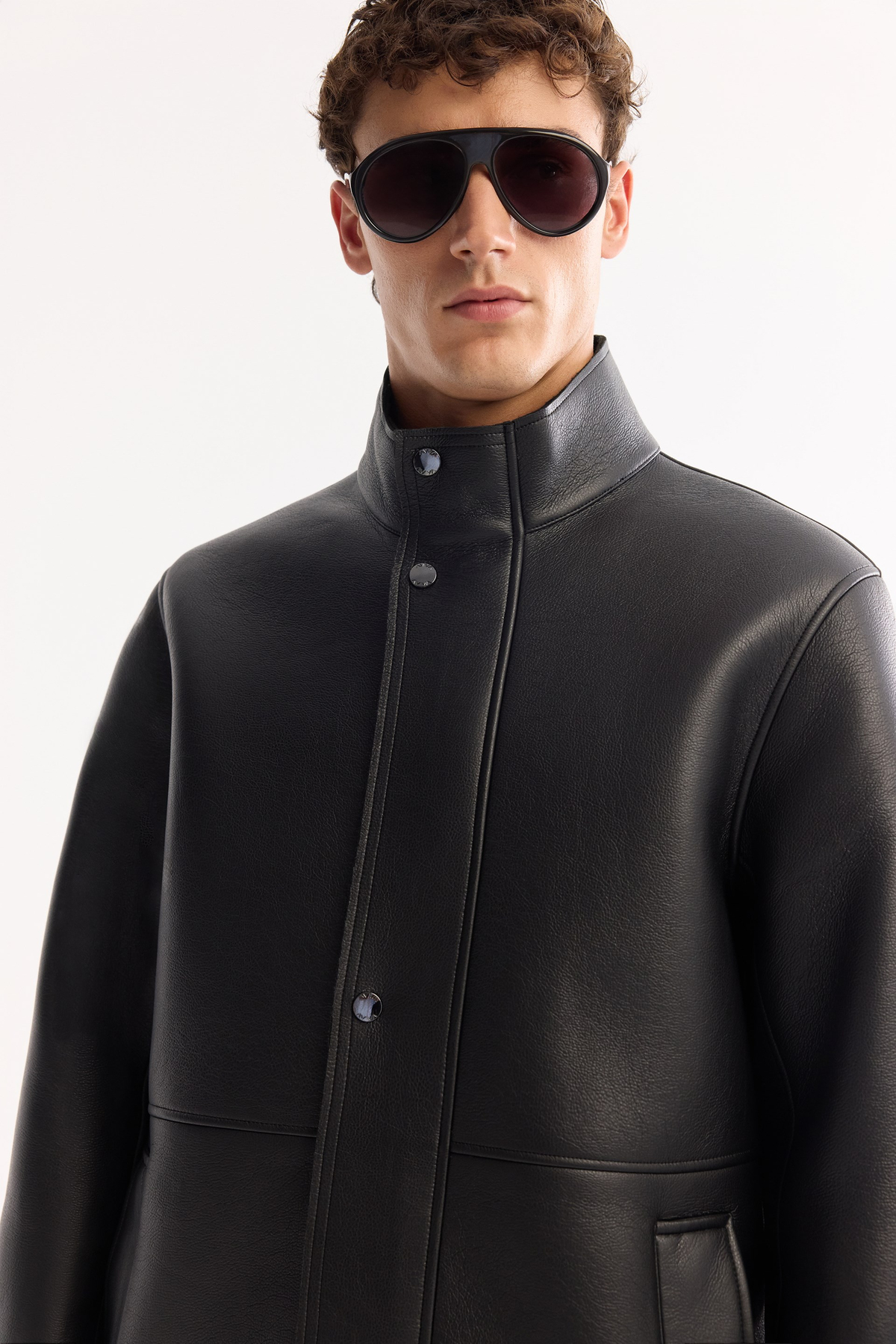 Black Long Windproof Napa Coat with Mock Neck