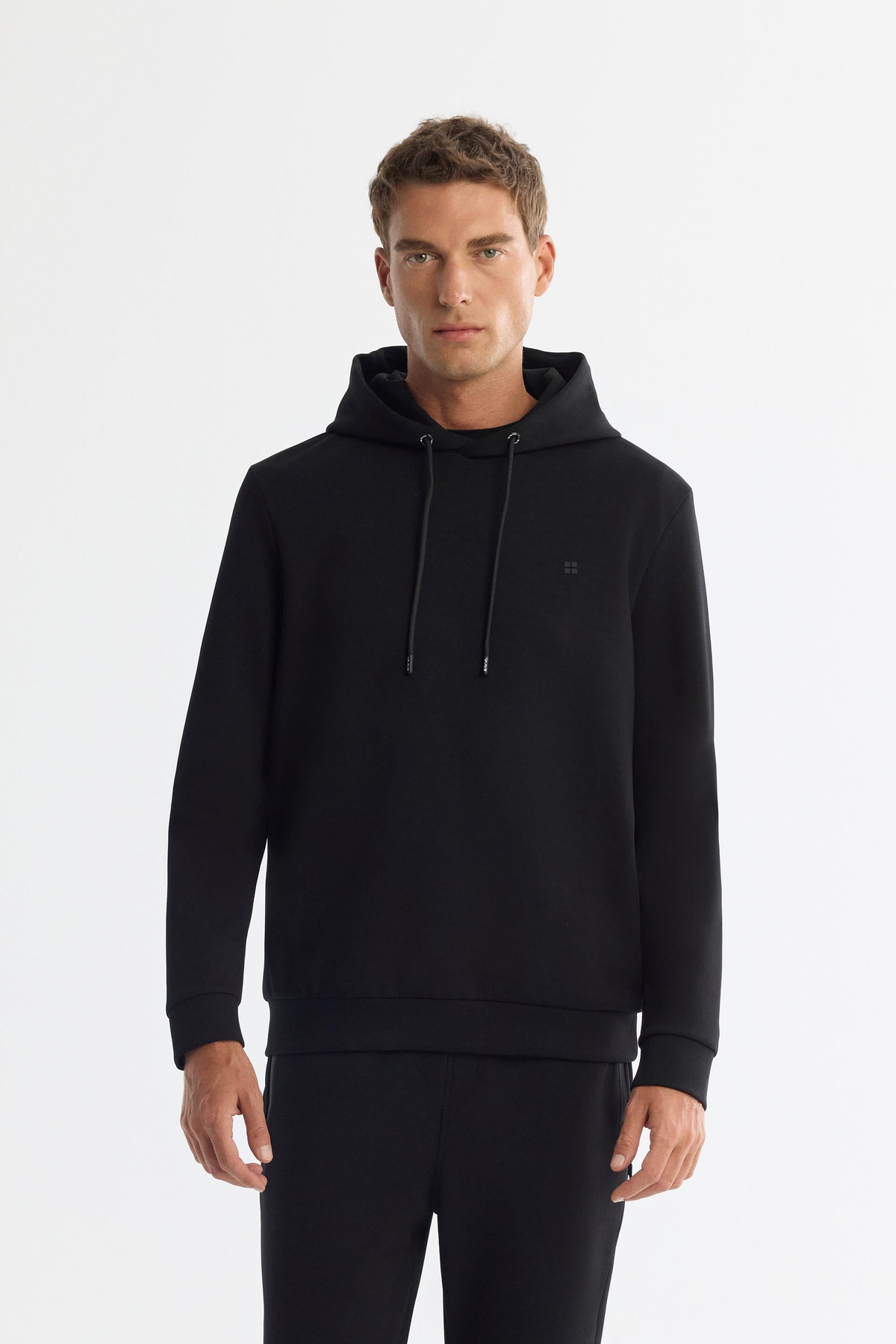 Siyah Kapüşonlu Esnek Yumuşak Doku İnterlok Kumaş Sweatshirt