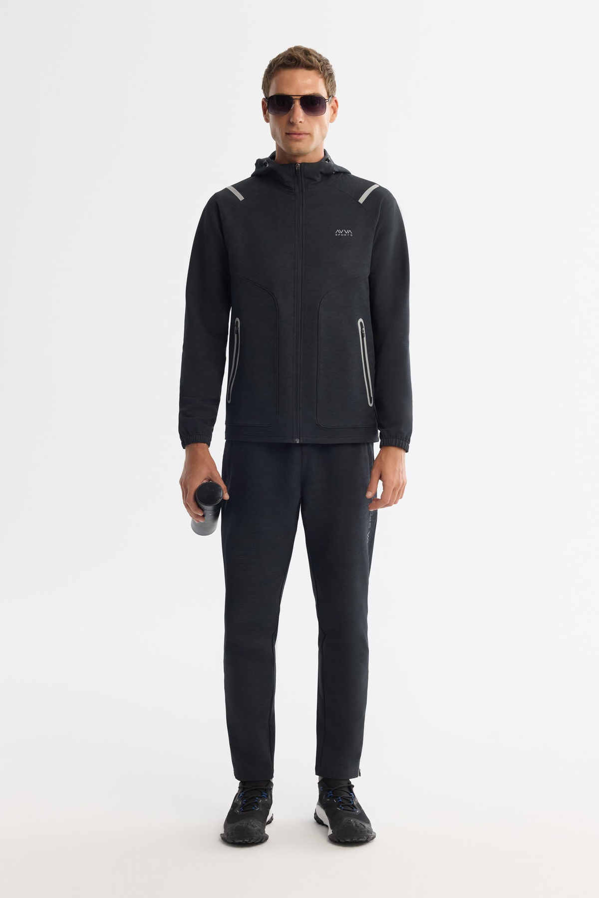 Siyah Kapüşonlu Fermuarlı Elastan Sweatshirt