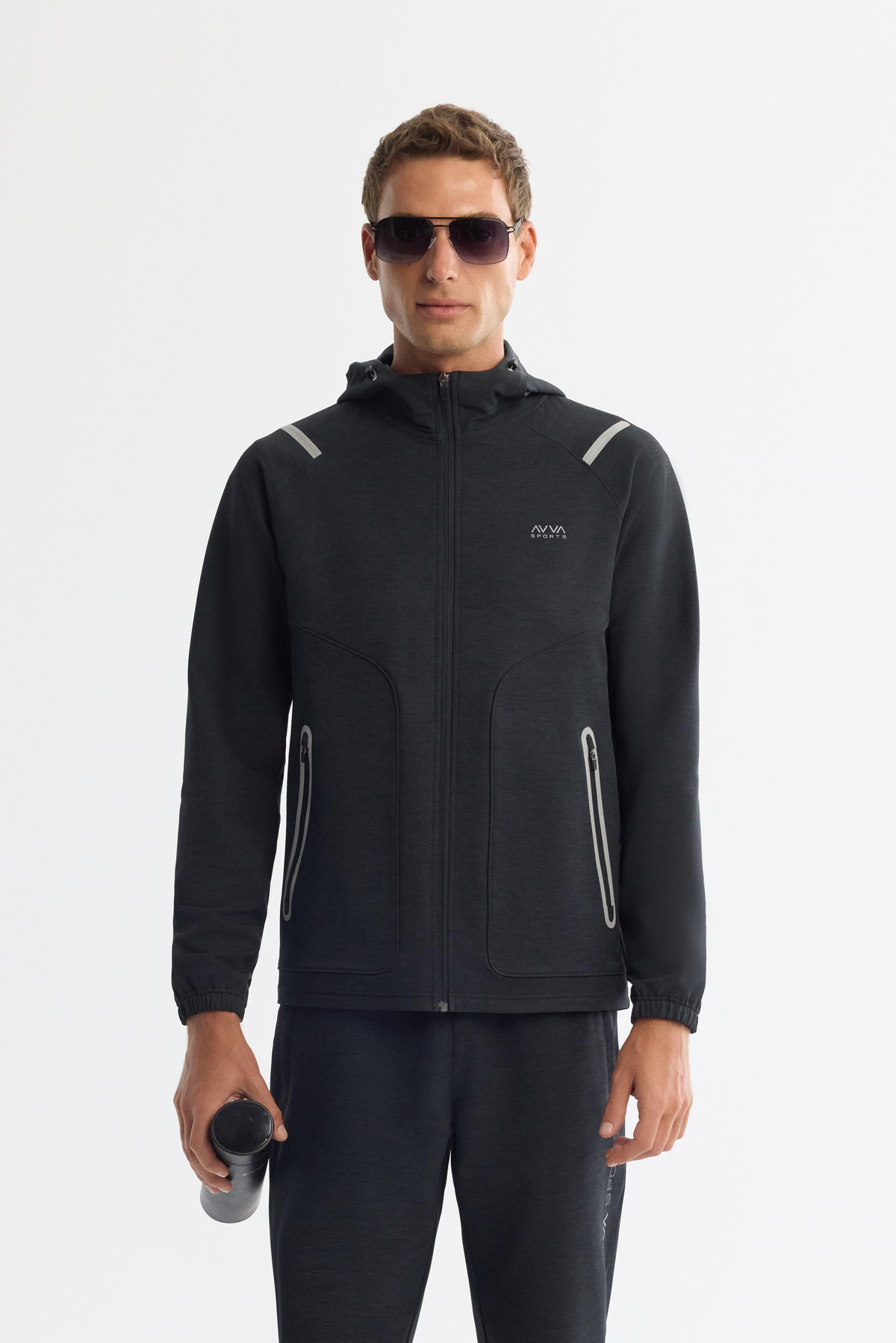 Siyah Kapüşonlu Fermuarlı Elastan Sweatshirt