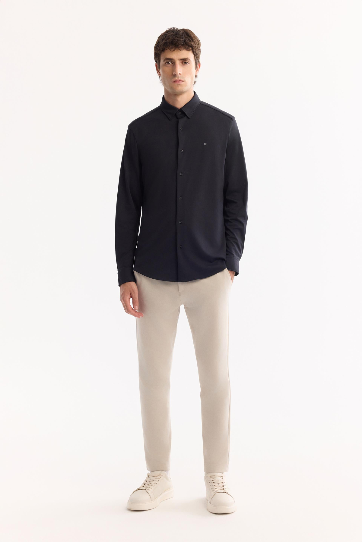 Siyah Klasik Yaka Örme Pike Slim Fit Uzun Kol Gömlek
