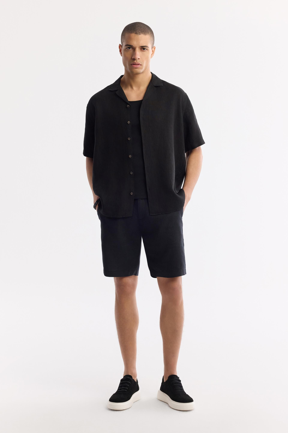Siyah Küba Yaka %100 Keten Kısa Kol Rahat Kesim Oversize Fit Kısa Kol Gömlek