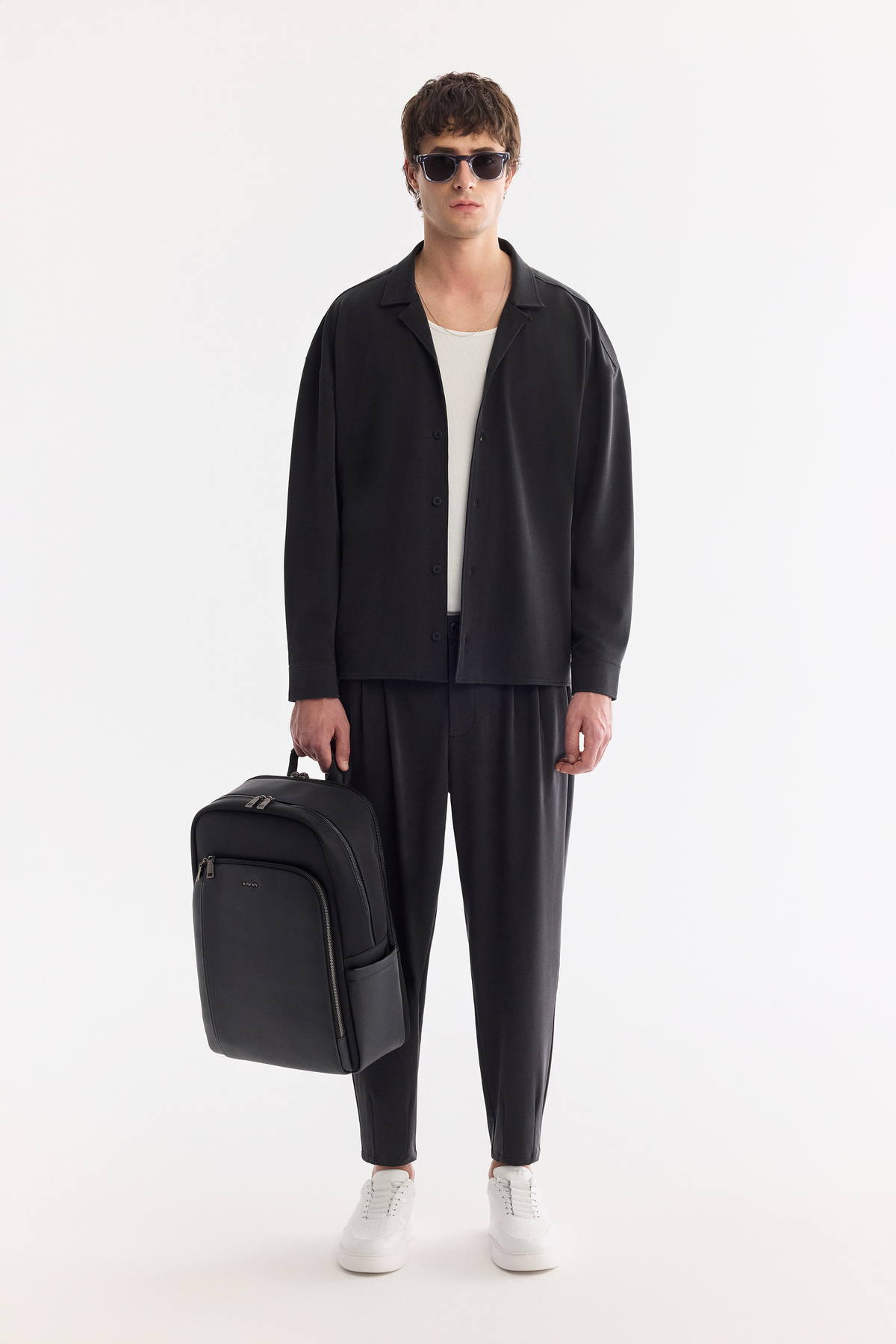 Siyah Küba Yaka Lyocell Karışımlı Örme Oversize Fit Uzun Kollu Gömlek