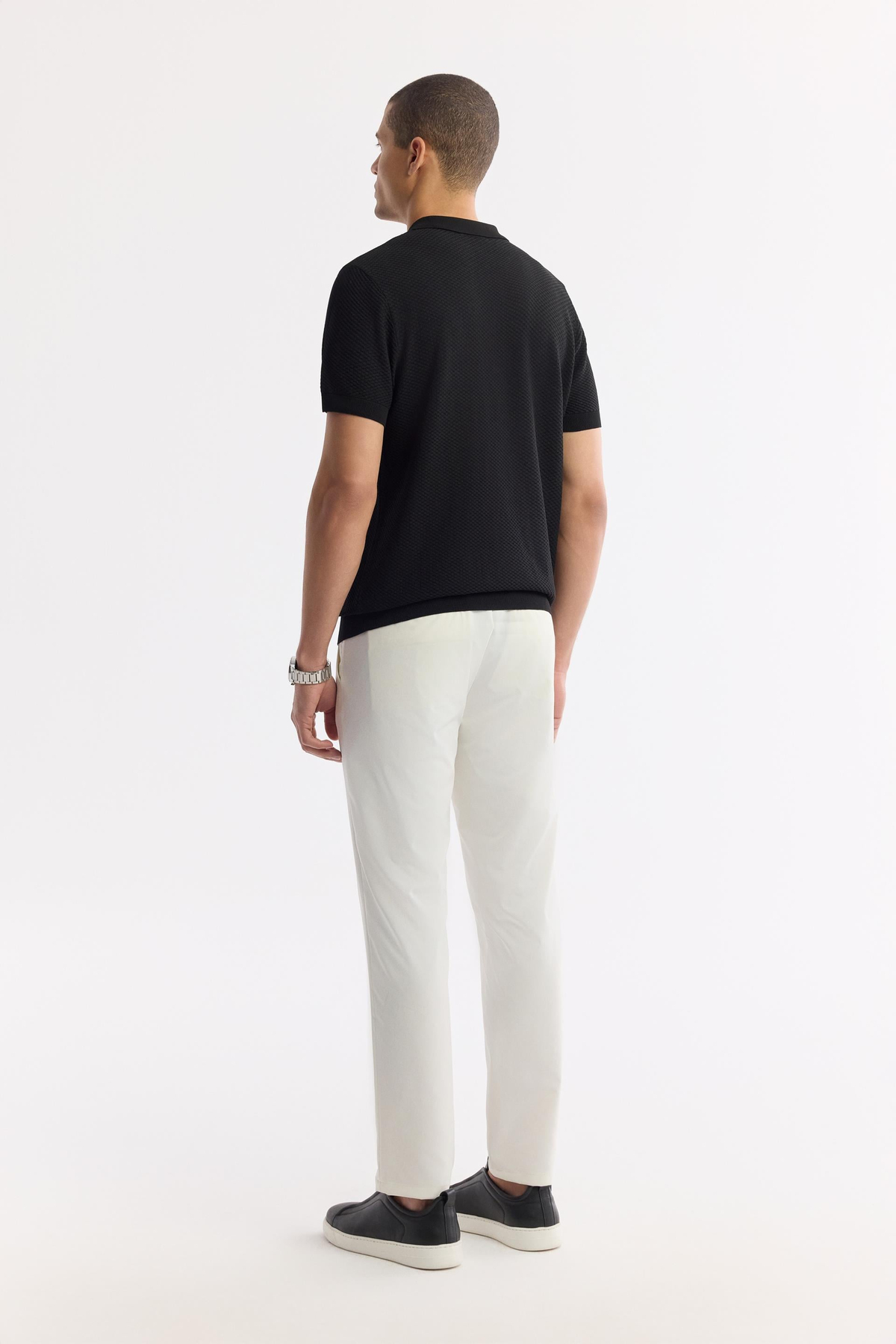Siyah Polo Yaka Dokulu Triko T-shirt