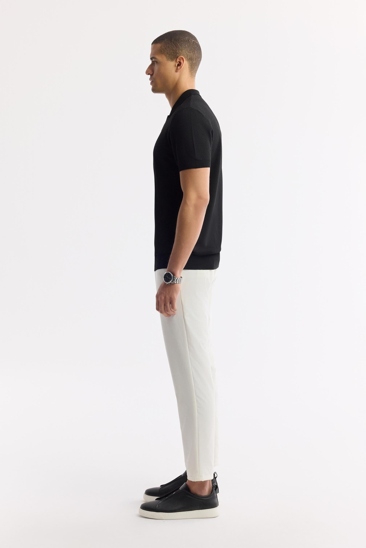 Siyah Polo Yaka Dokulu Triko T-shirt