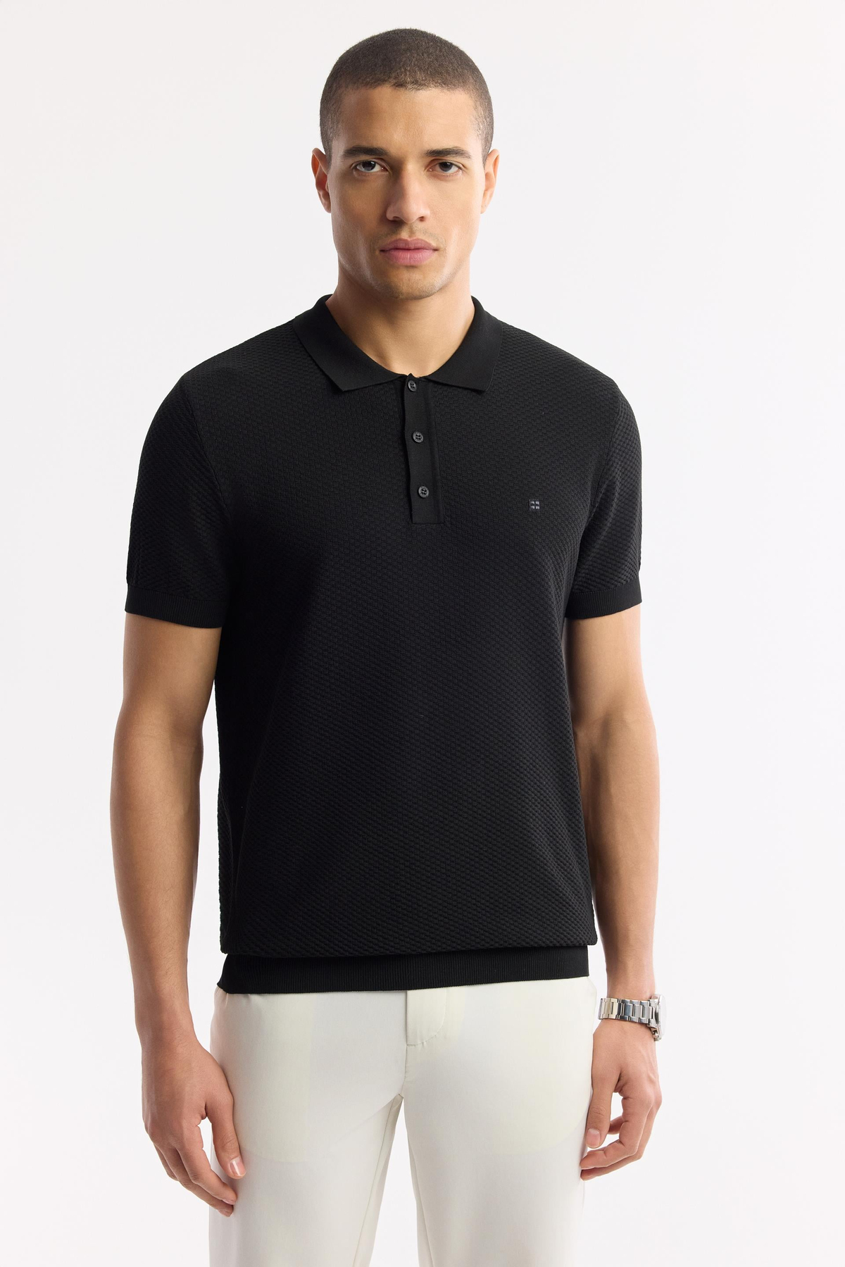 Siyah Polo Yaka Dokulu Triko T-shirt