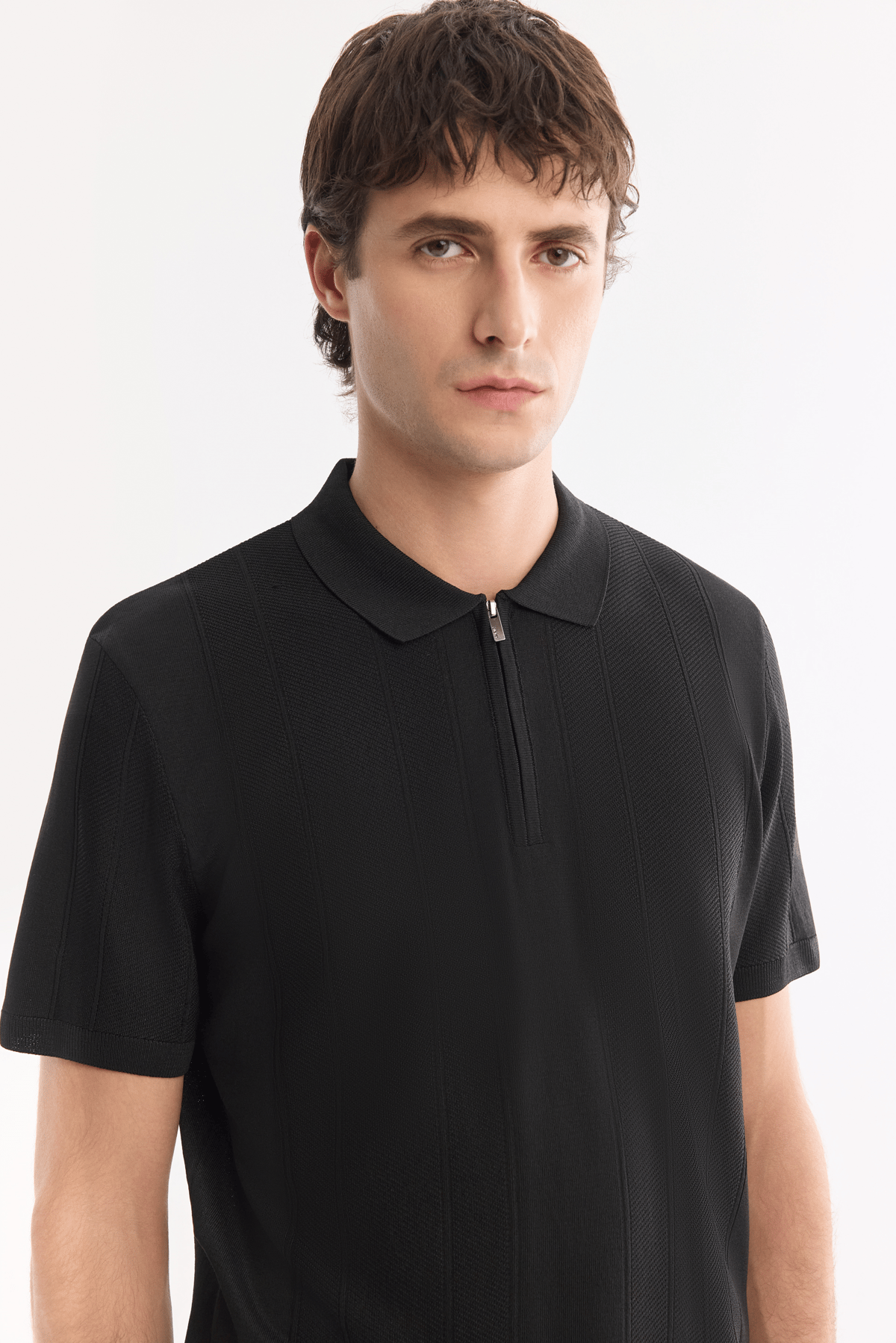 Siyah Polo Yaka Fermuarlı Jakar Örgü Detaylı Triko T-shirt