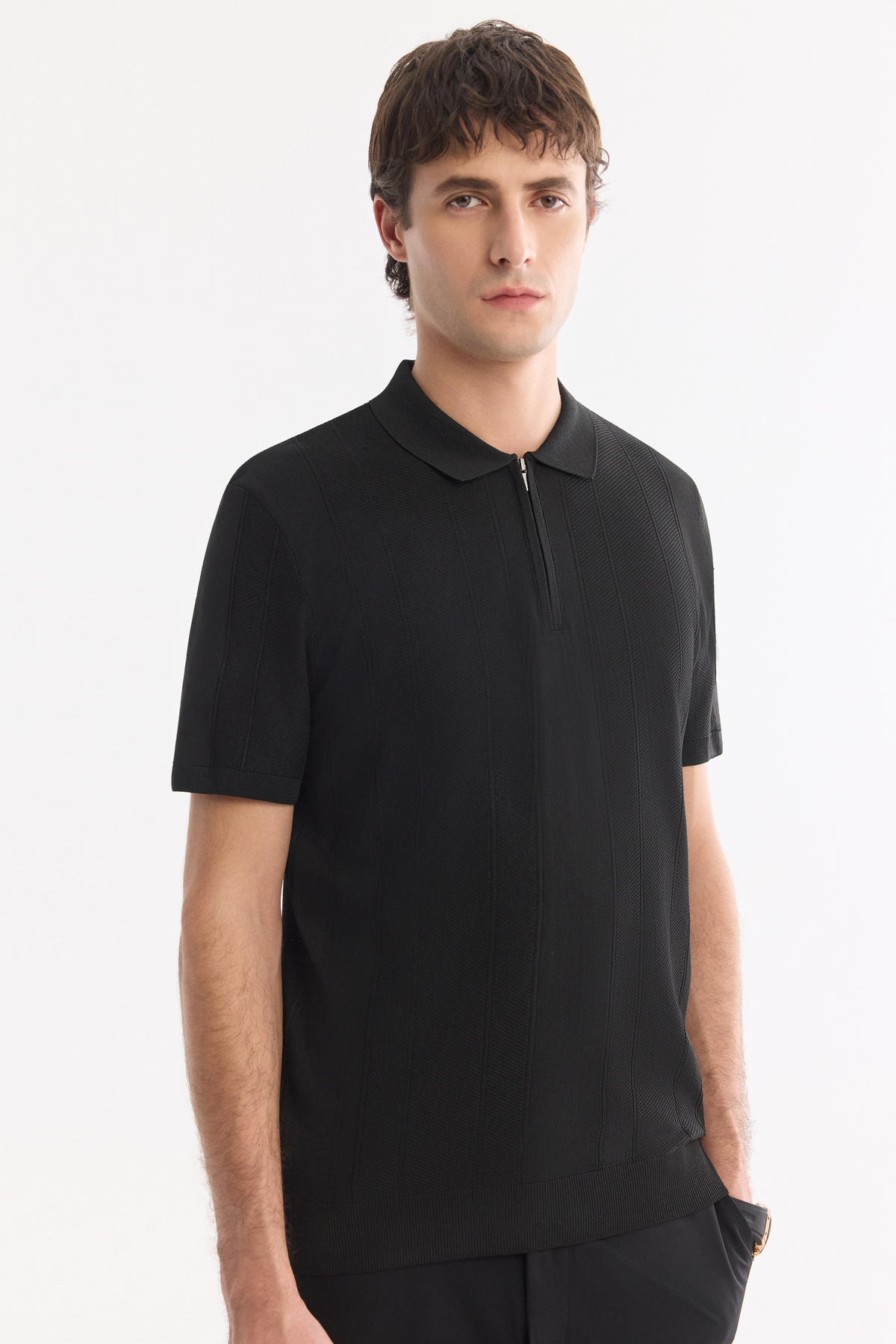 Siyah Polo Yaka Fermuarlı Jakar Örgü Detaylı Triko T-shirt