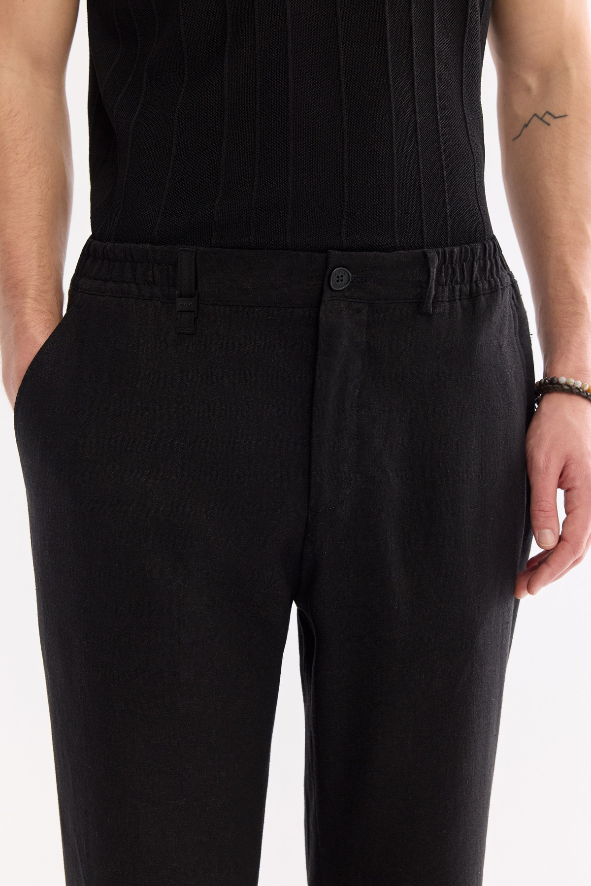 Siyah Yan Cepli Beli Lastikli Keten Relax Fit Pantolon