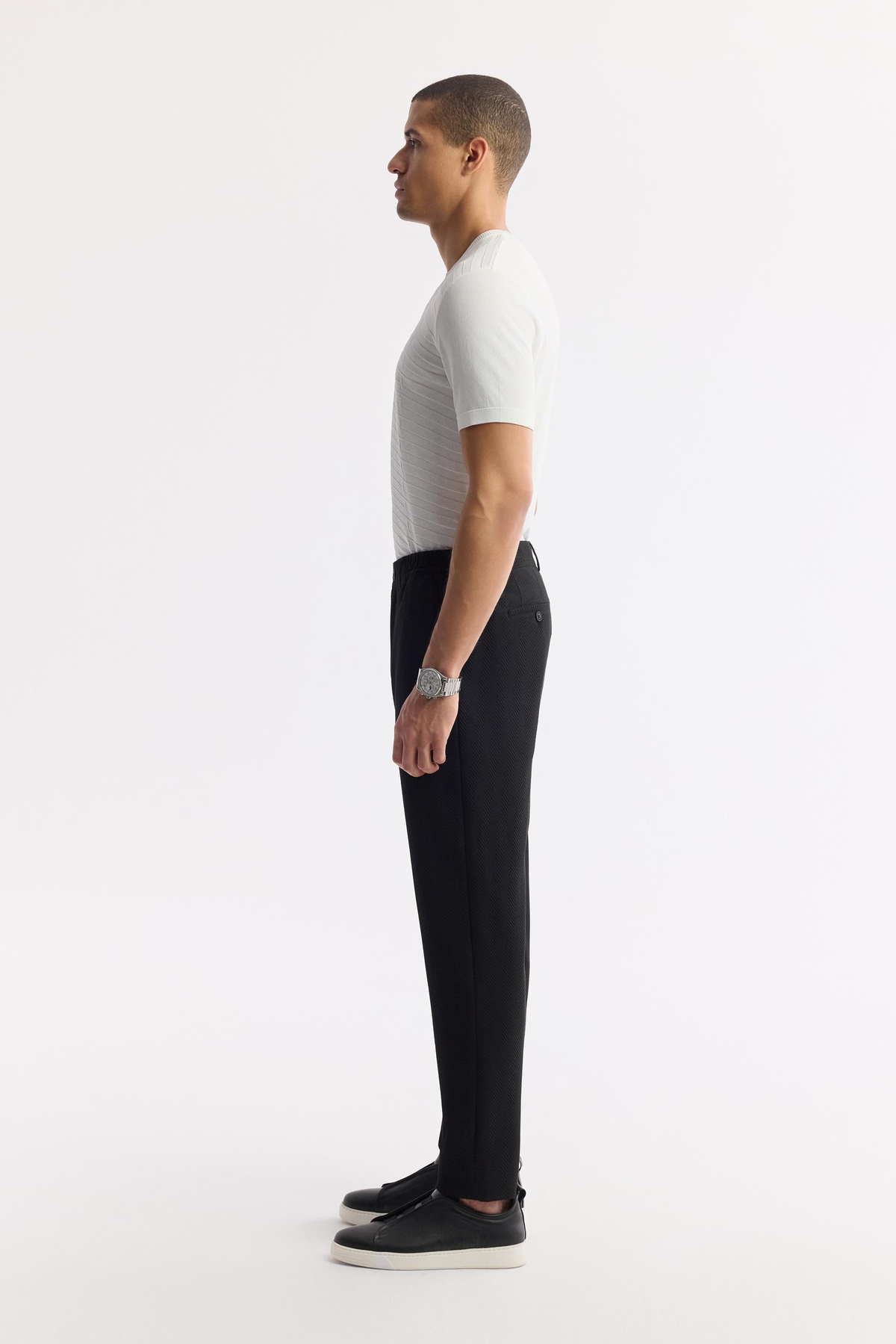 Siyah Yan Cepli Gofre Detaylı Bi Stretch Beli Lastikli Pantolon