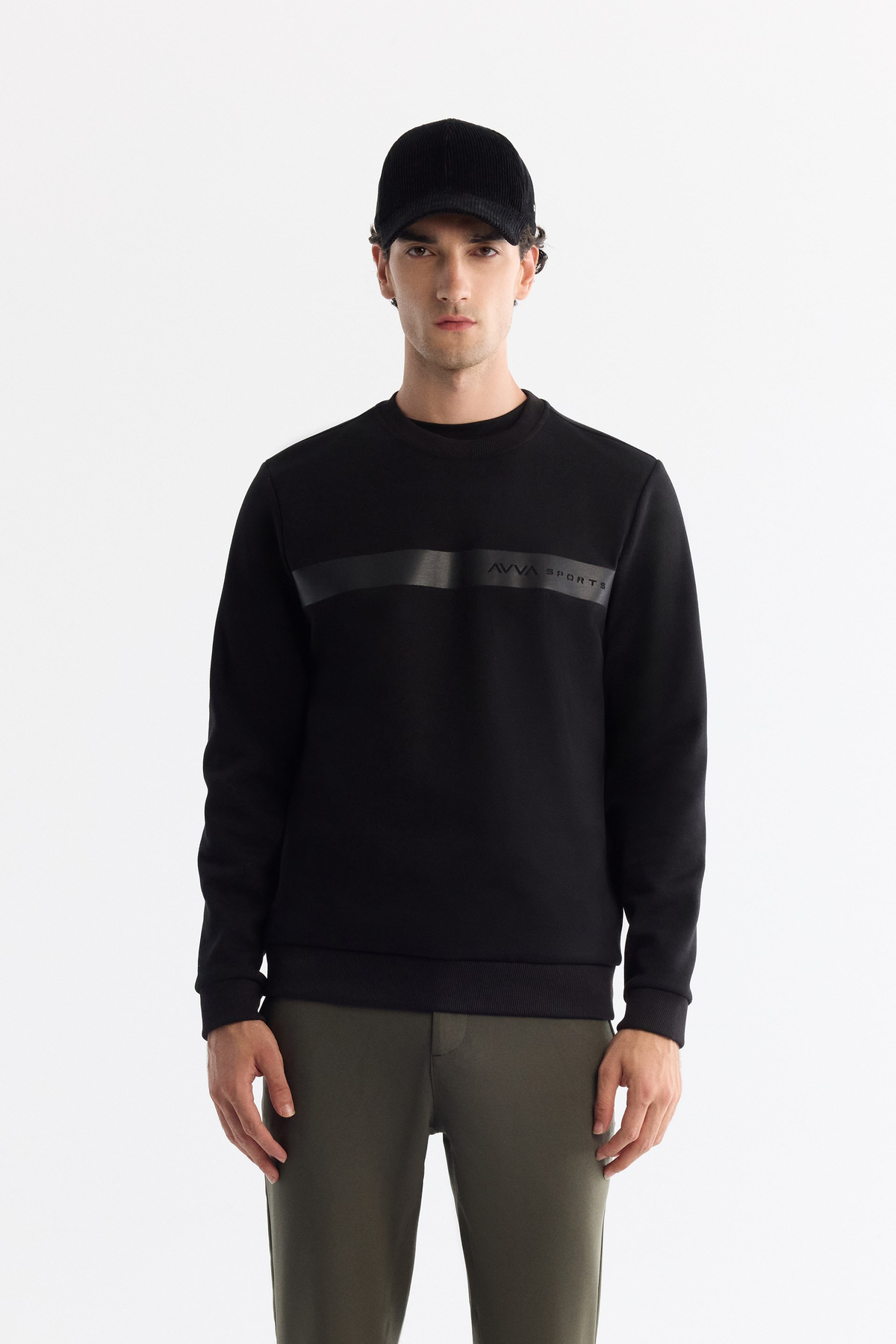 SiyahBisiklet Yaka Pamuklu Baskılı Elastan Sweatshirt