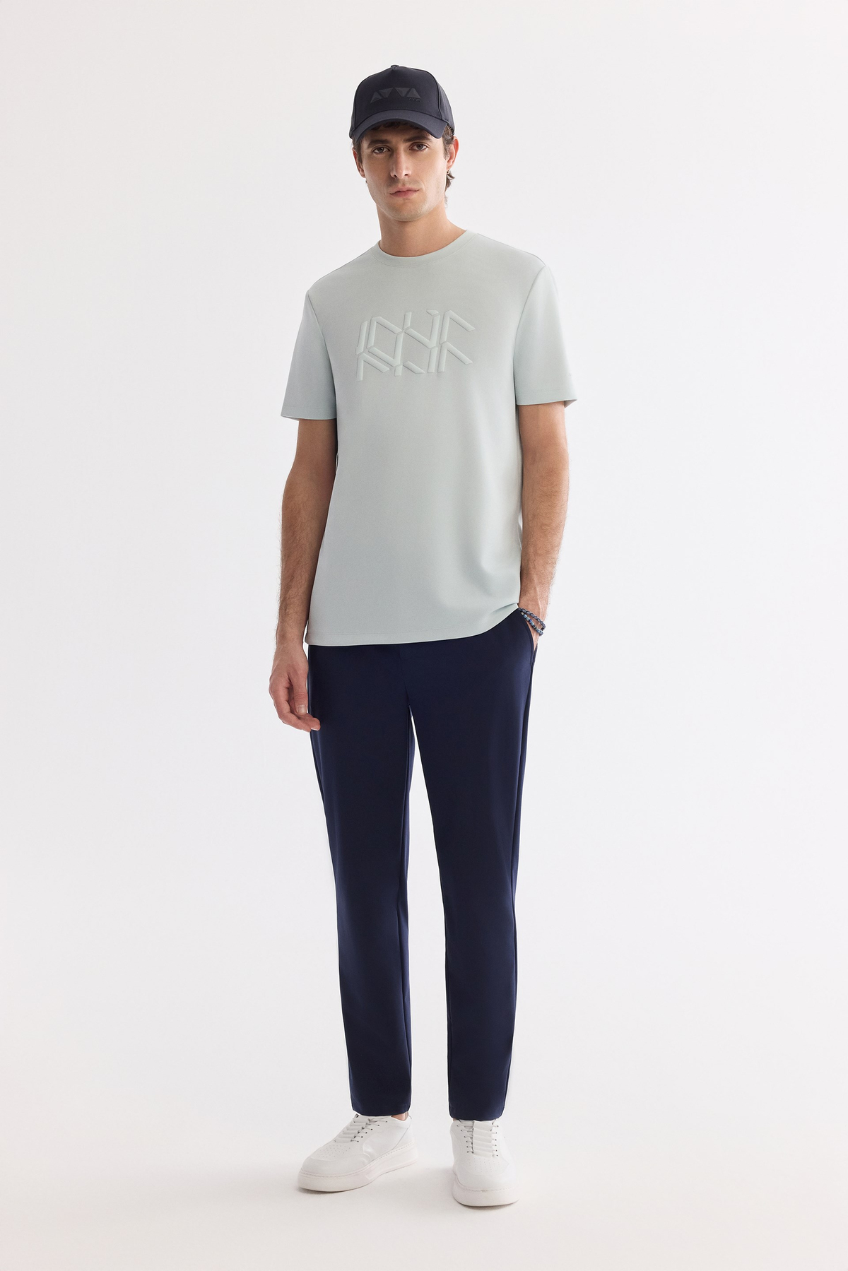 Su Yeşili Bisiklet Yaka Kabarık  Baskılı İnterlok T-Shirt