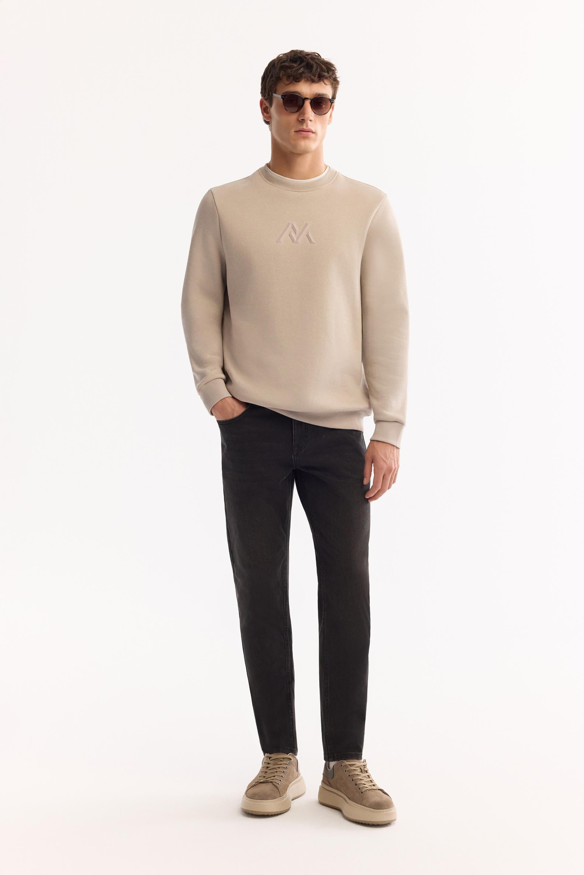 Taş Bisiklet Yaka Piramit Baskılı 3 İplik Şardonlu Sweatshirt