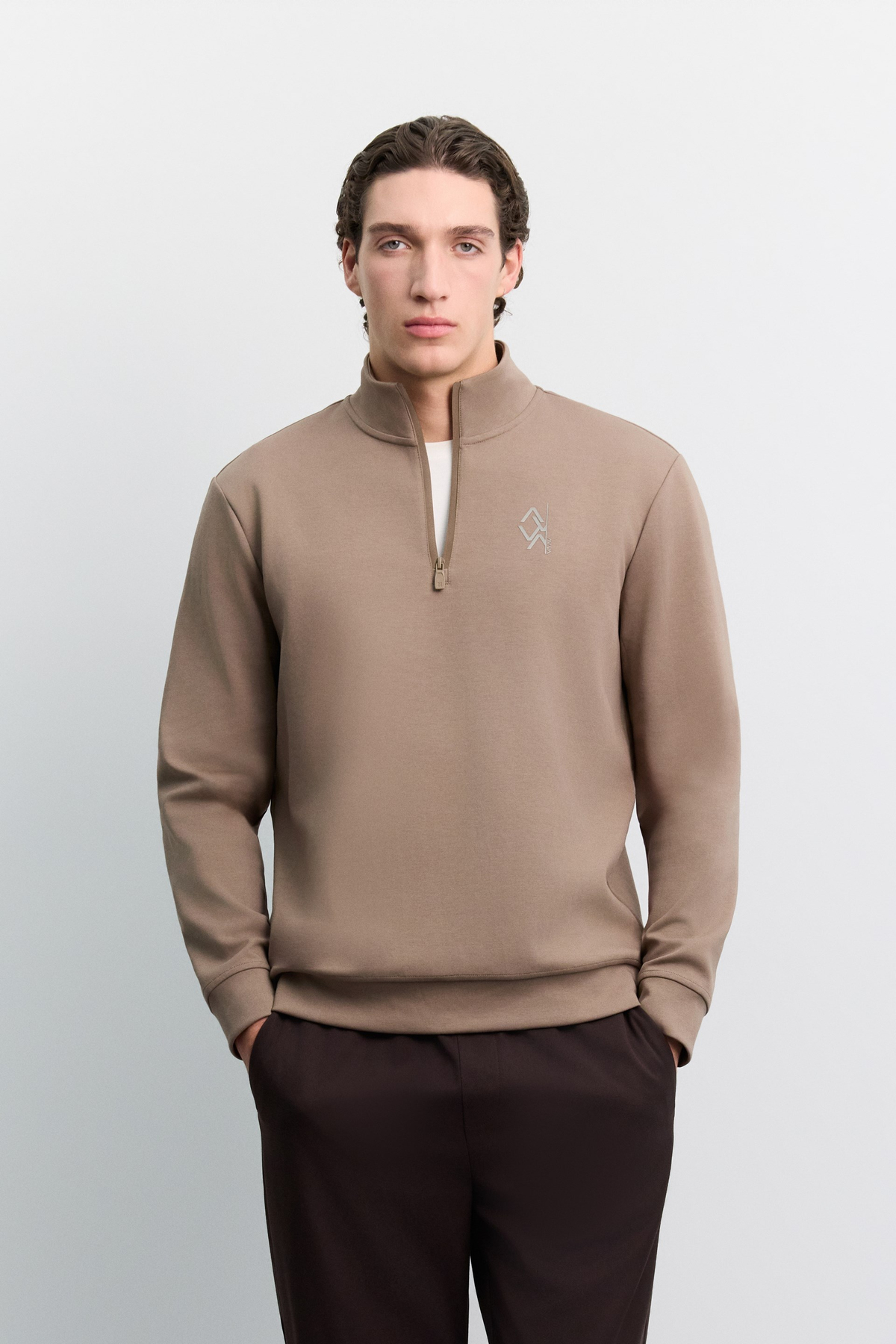 Vizon Dik Yaka Fermuarlı Baskılı Kolay Ütülenen Pamuklu Sweatshirt