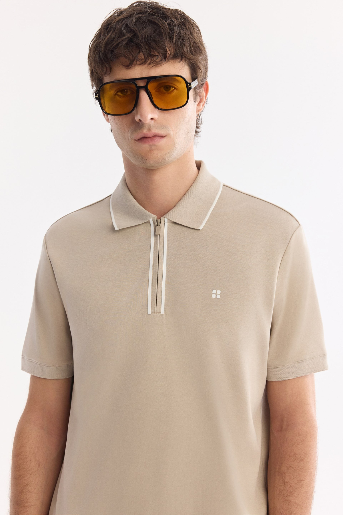 Vizon Fermuarlı Polo Yaka Filexi  Baskılı İnterlok  T-Shirt