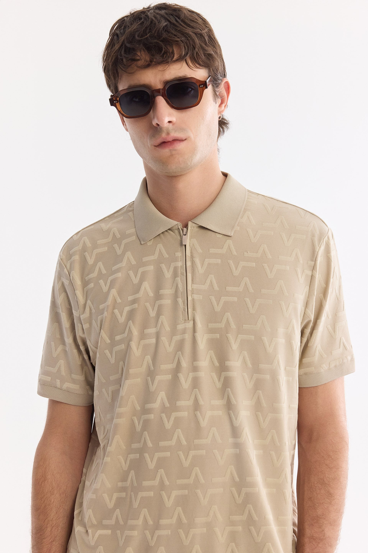 Vizon Fermuarlı Polo Yaka Jakarlı T-Shirt