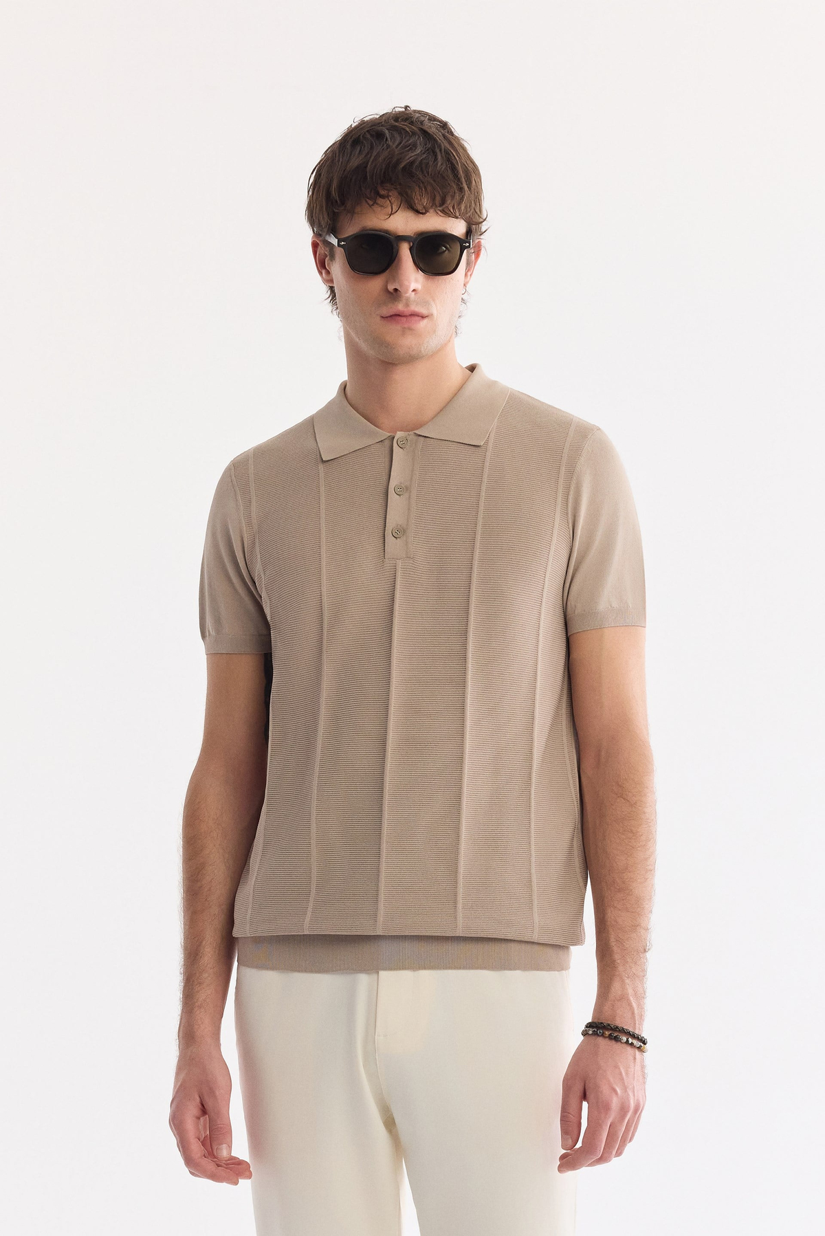 Vizon Polo Yaka Düğmeli Ön Dokulu Triko T-shirts