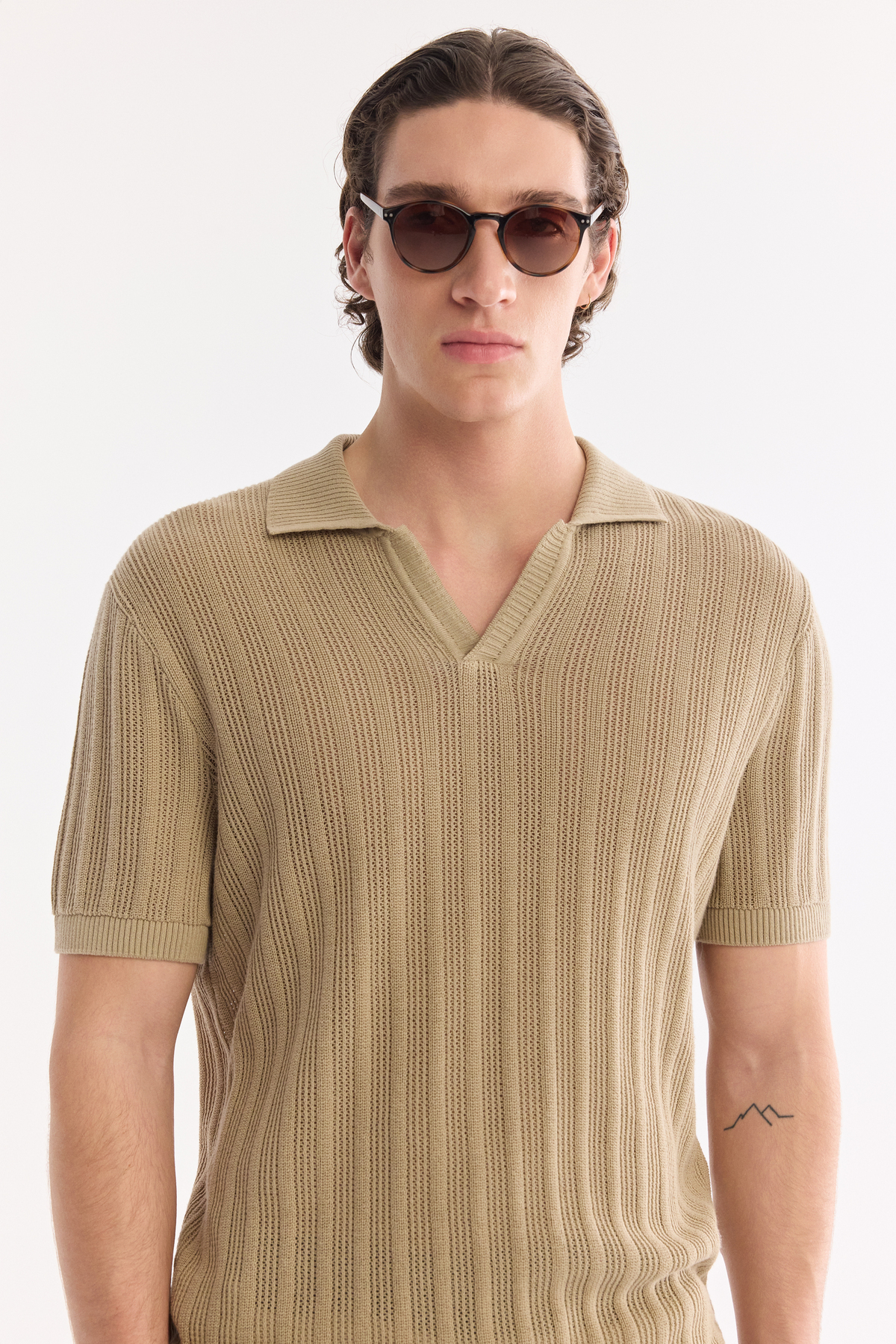 Vizon Polo Yaka Fermuarlı Dokulu Triko T-shirt