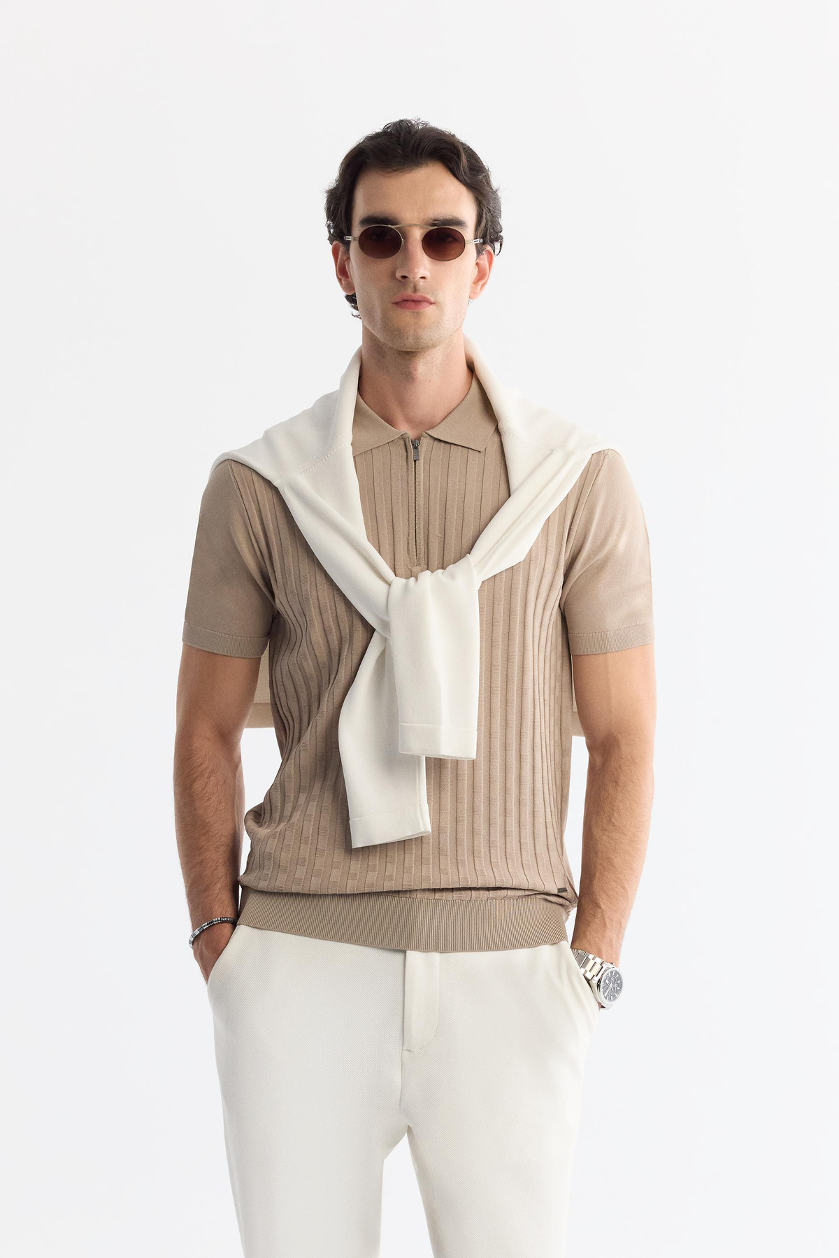 Vizon Polo Yaka Fermuarlı Rayon Triko T-Shirt