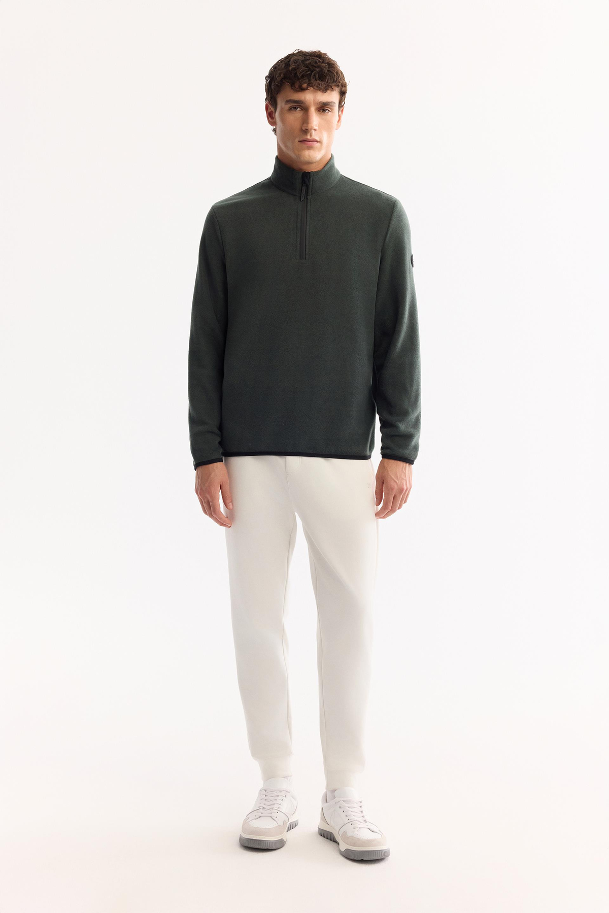 Yeşil Soğuğa Dayanıklı Yarım Fermuarlı Dik Yaka Polar Sweatshirt
