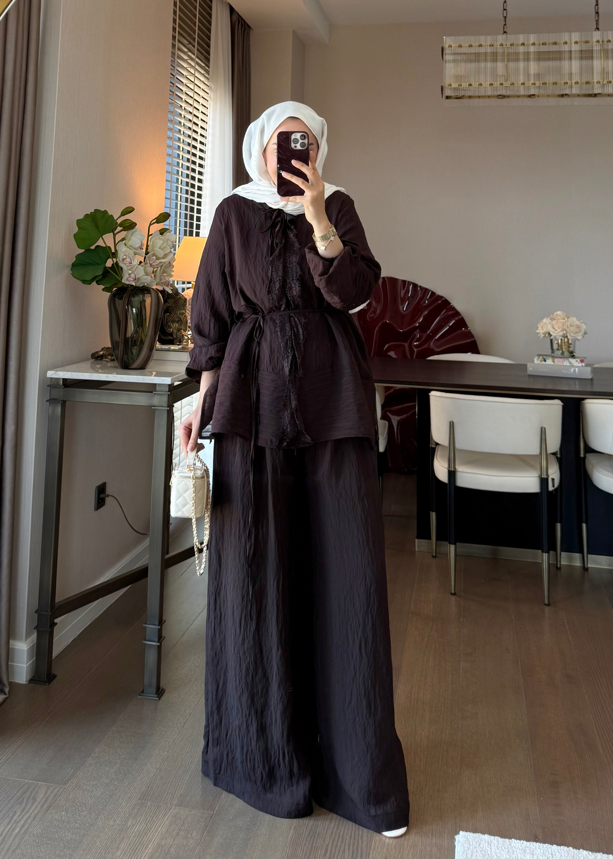 Anna Çizgili İkili Takım Kahverengi
