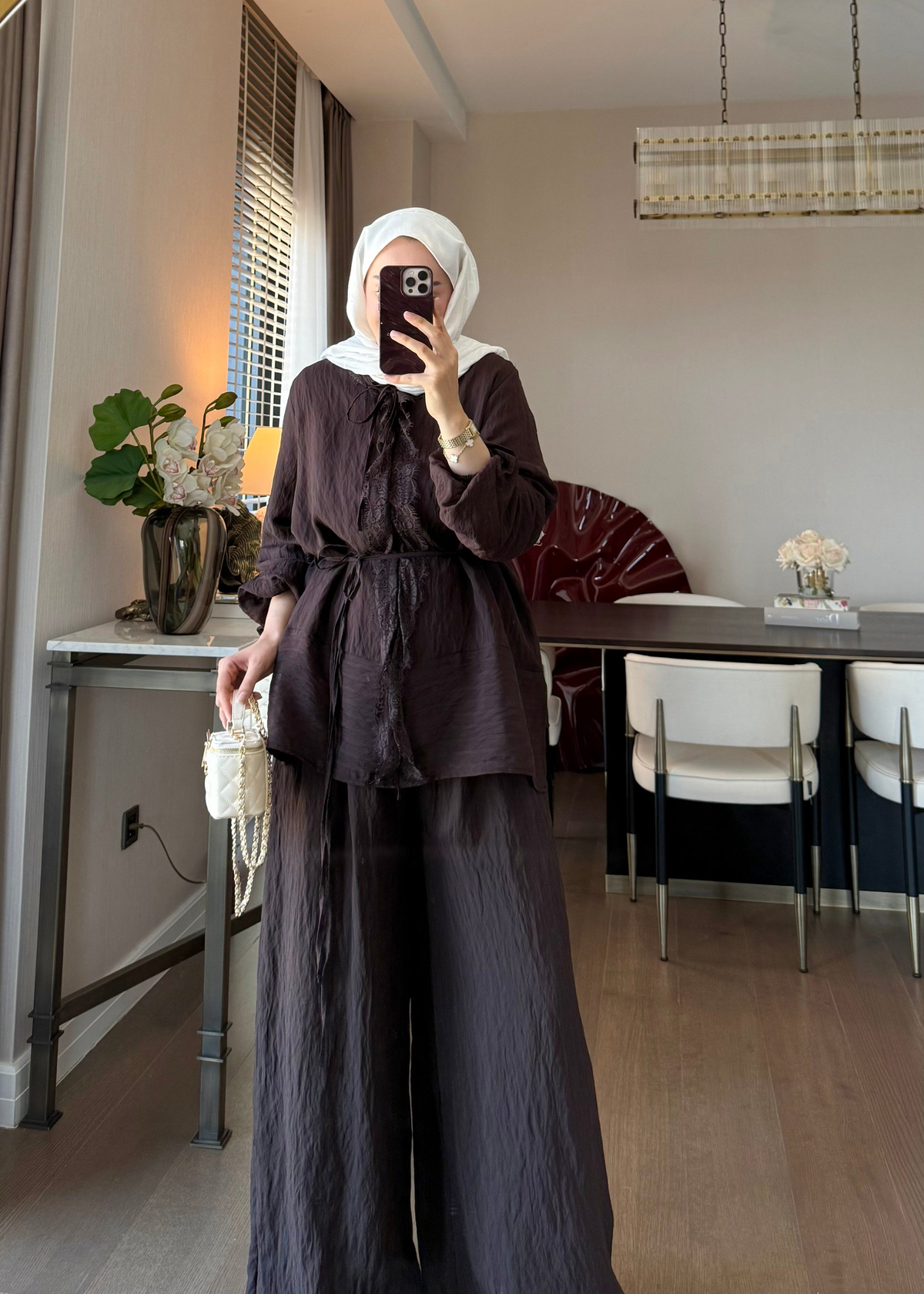 Anna Çizgili İkili Takım Kahverengi