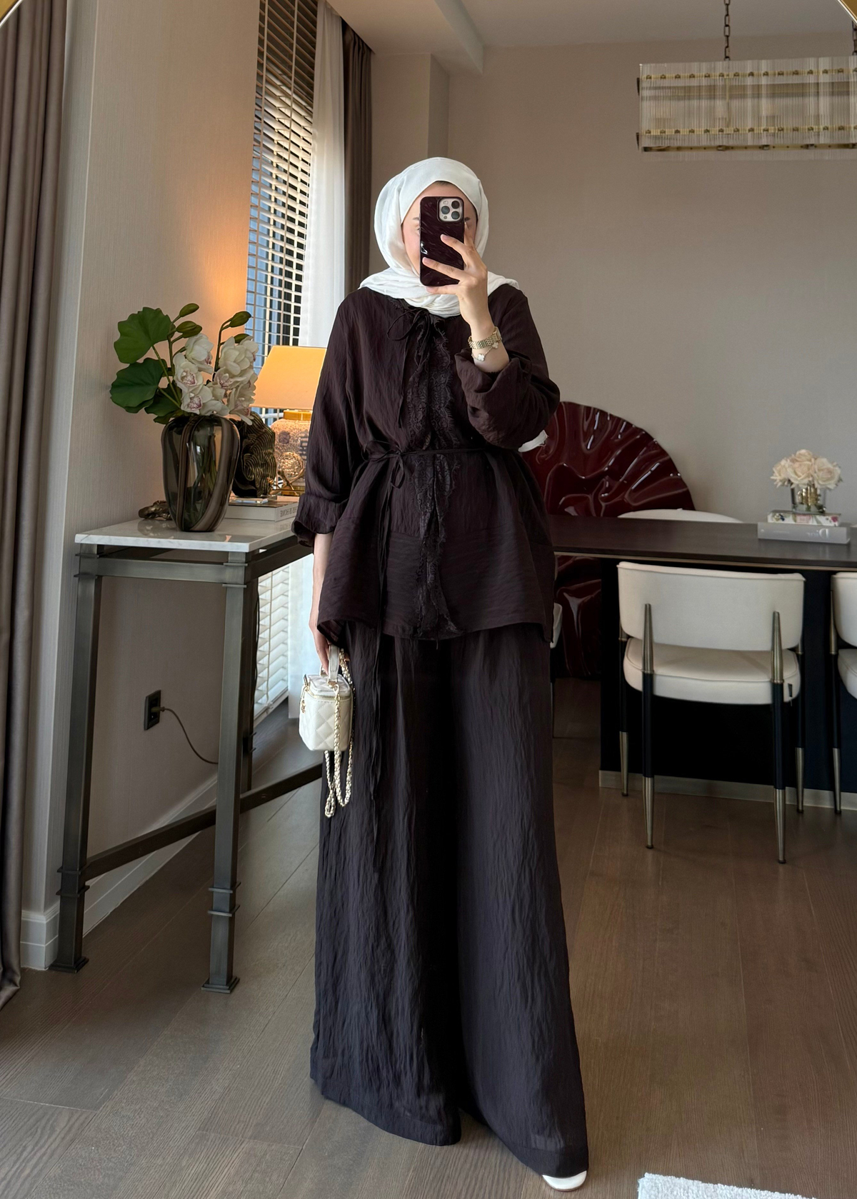 Anna Çizgili İkili Takım Kahverengi