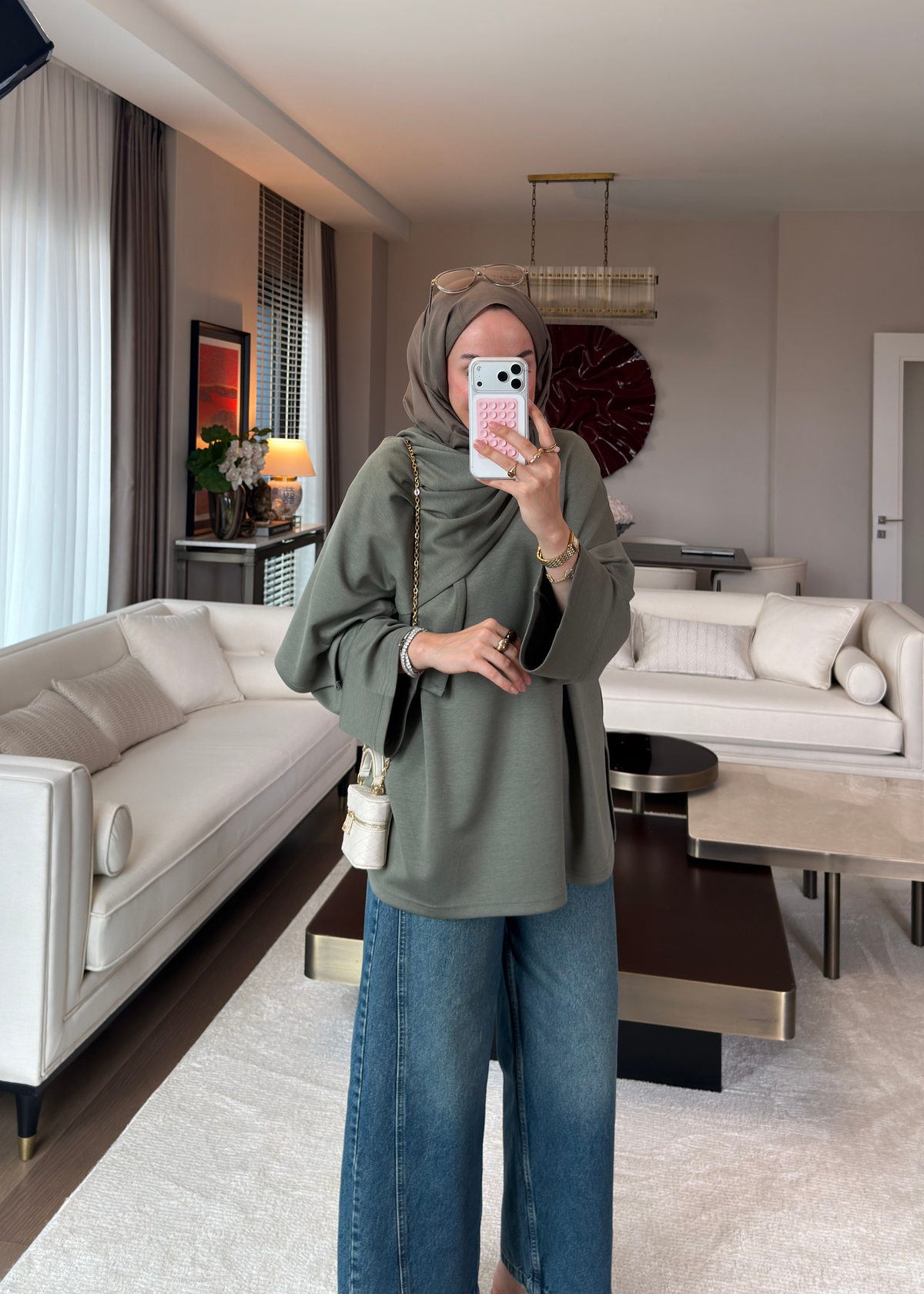 Atkı Detaylı Bağlamalı Sweat Haki