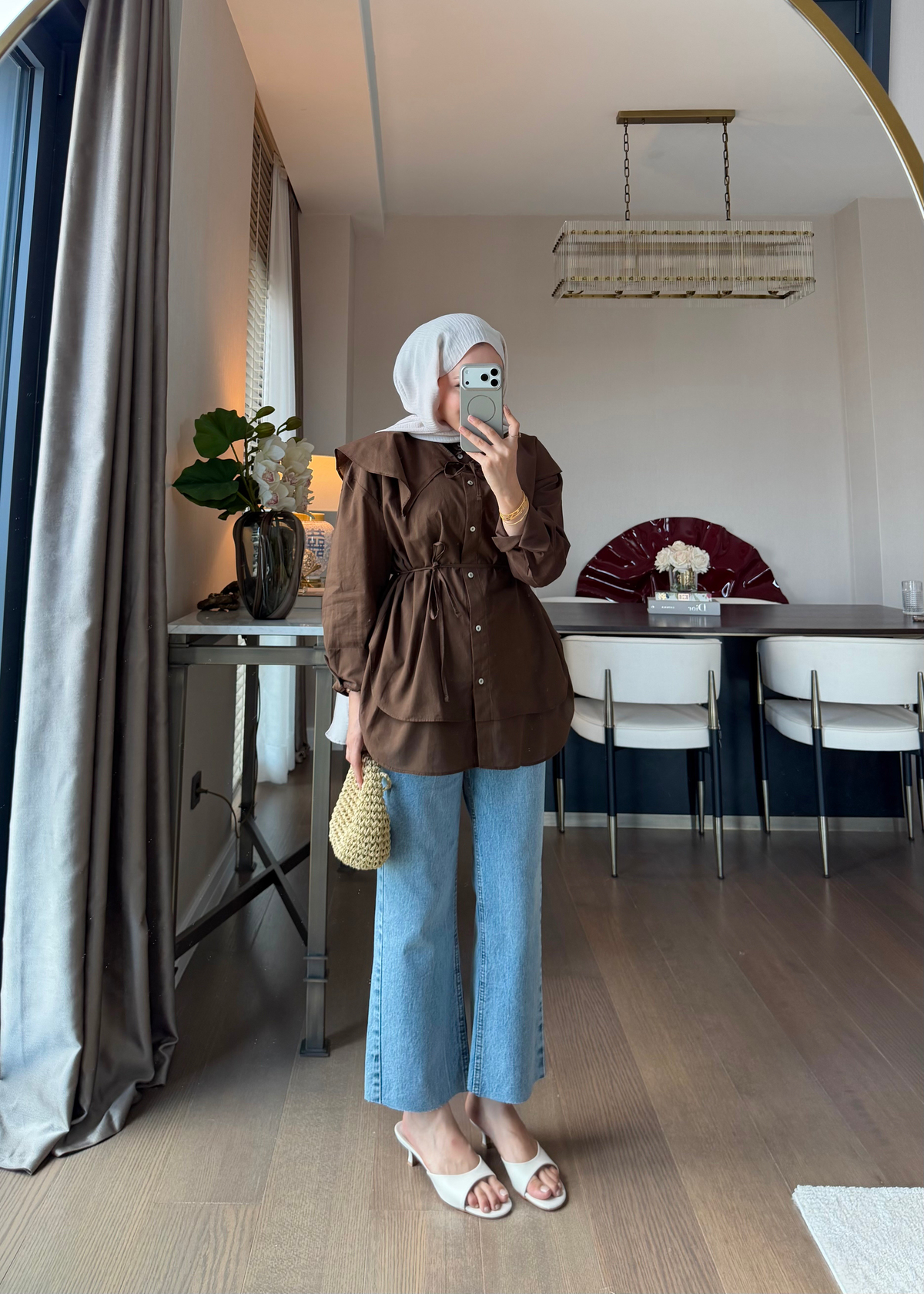 Bağlama Detaylı Pamuk Gömlek Kahverengi