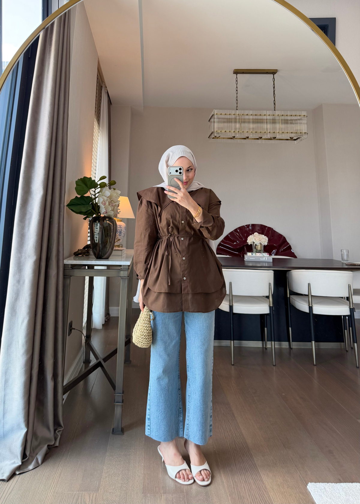 Bağlama Detaylı Pamuk Gömlek Kahverengi